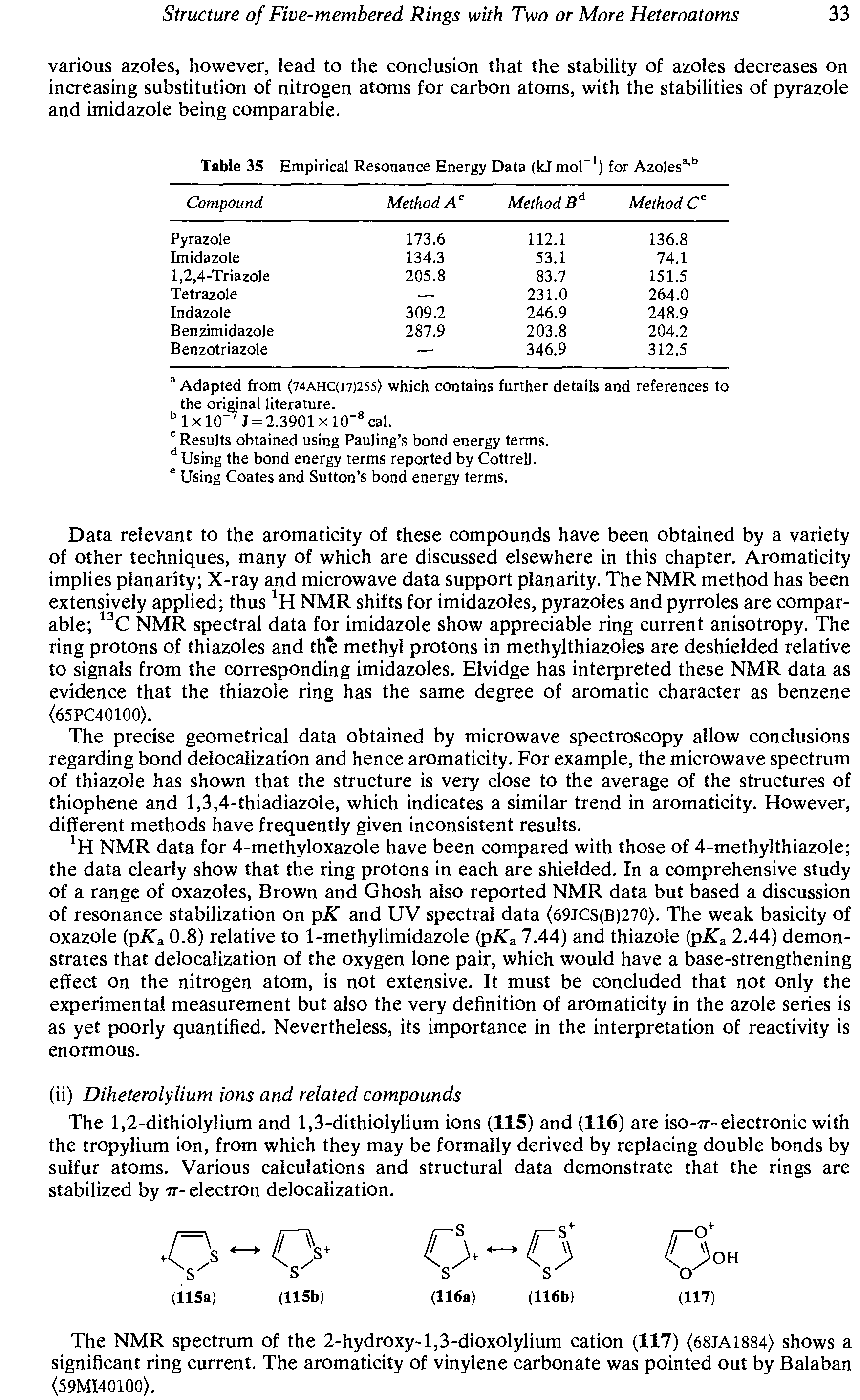 Table 35 Empirical Resonance Energy Data (kj mol ) for Azoles ...