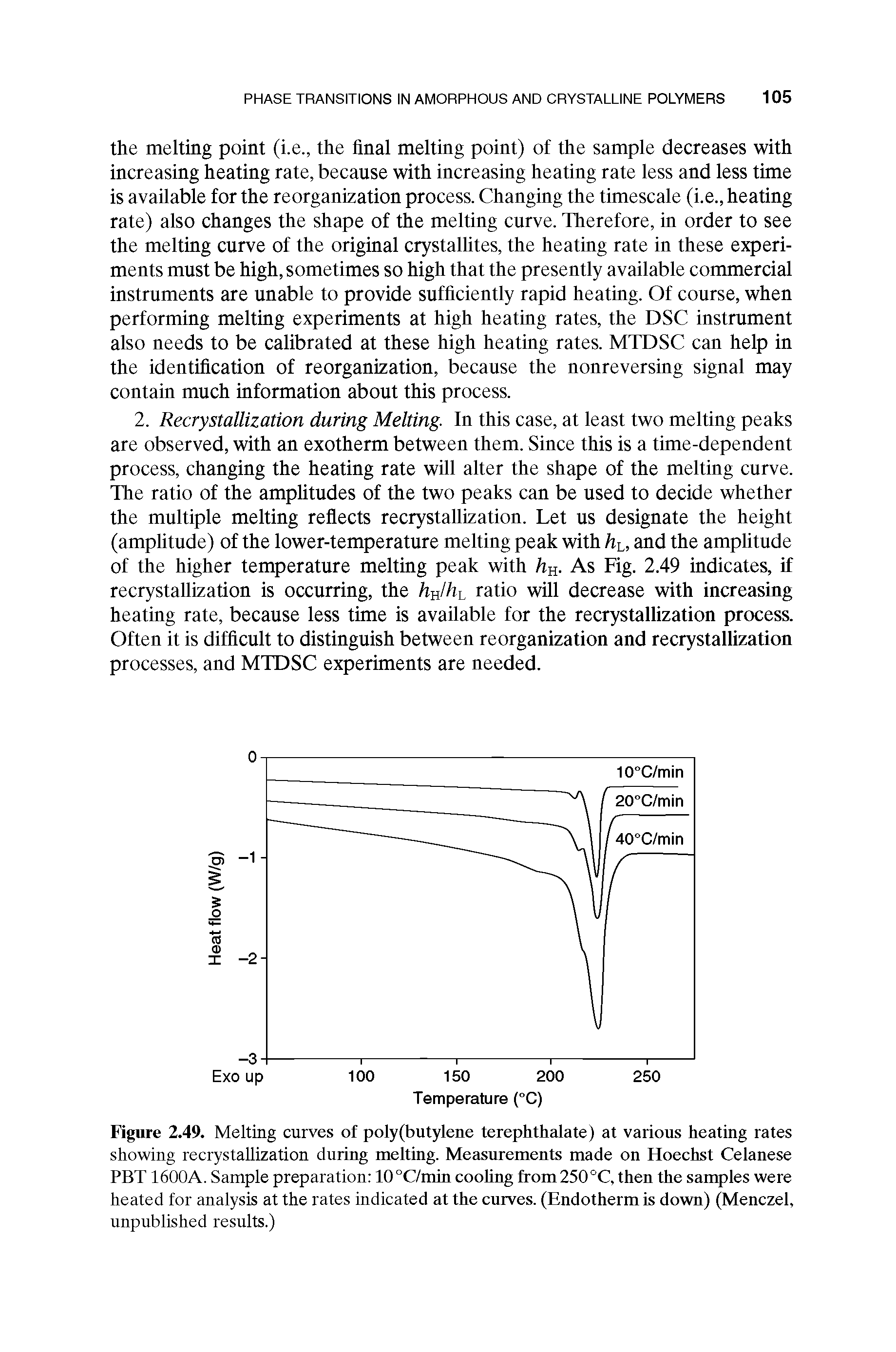 Figure 2.49. Melting curves of poly(butylene terephthalate) at various heating rates showing recrystaUization during melting. Measurements made on Hoechst Celanese PBT1600A. Sample preparation 10°Omin coohng from 250°C, then the samples were heated for analysis at the rates indicated at the curves. (Endotherm is down) (Menczel, unpublished results.)...