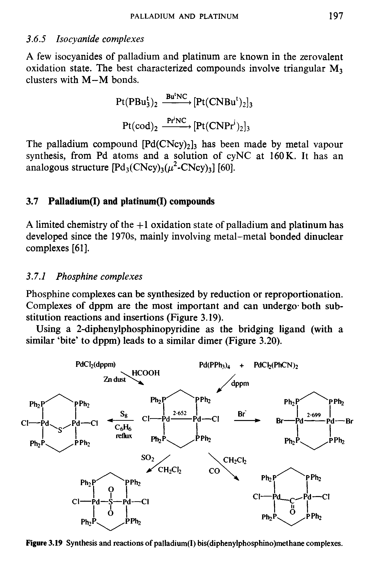 Figure 3.19 Synthesis and reactions of palladium(I) bis(diphenylphosphino)methane complexes.