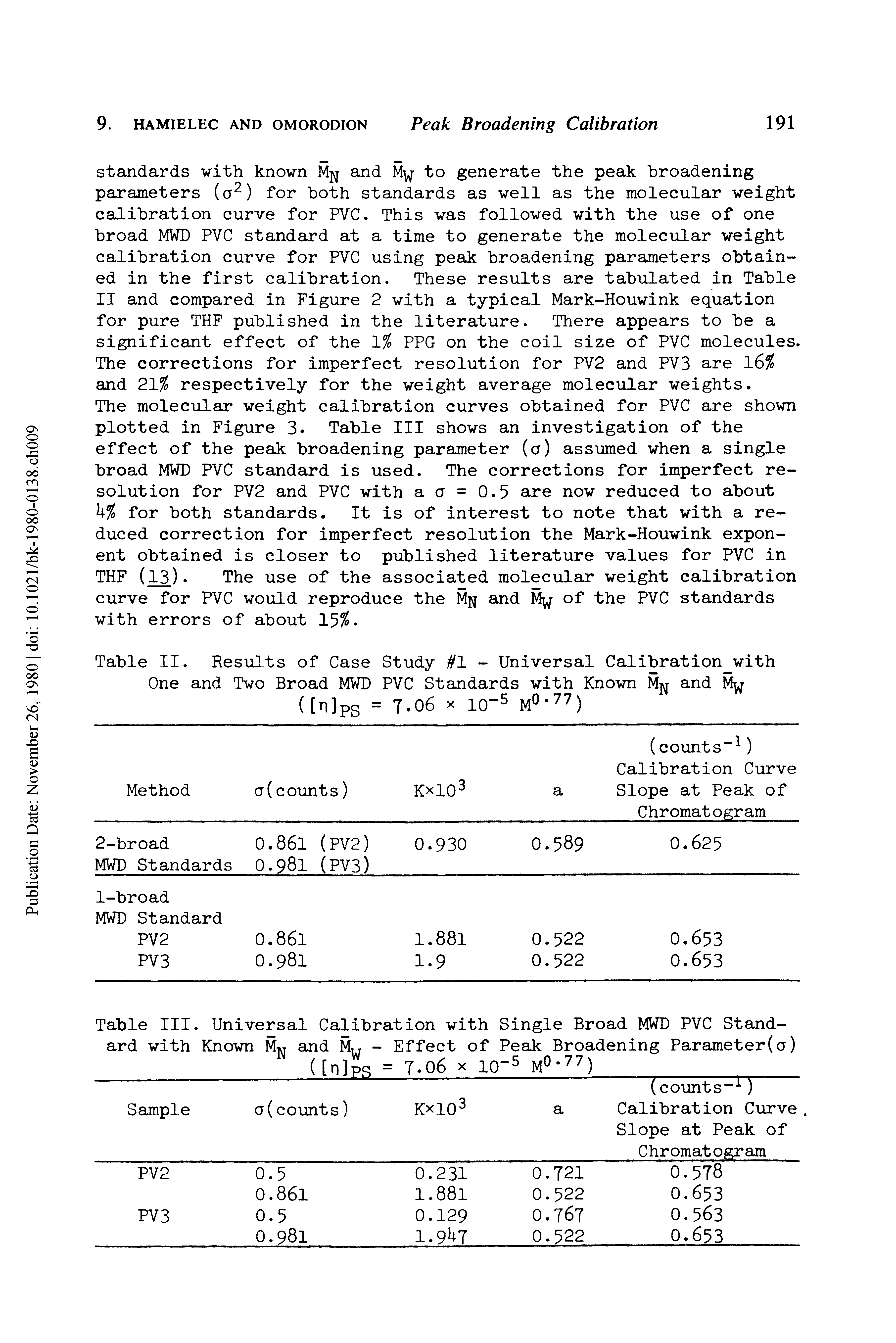 Table III. Universal Calibration with Single Broad MWD PVC Standard with Known M and M - Effect of Peak Broadening Parameter(a) ([nfpR = 7.06 X 10-5 ...