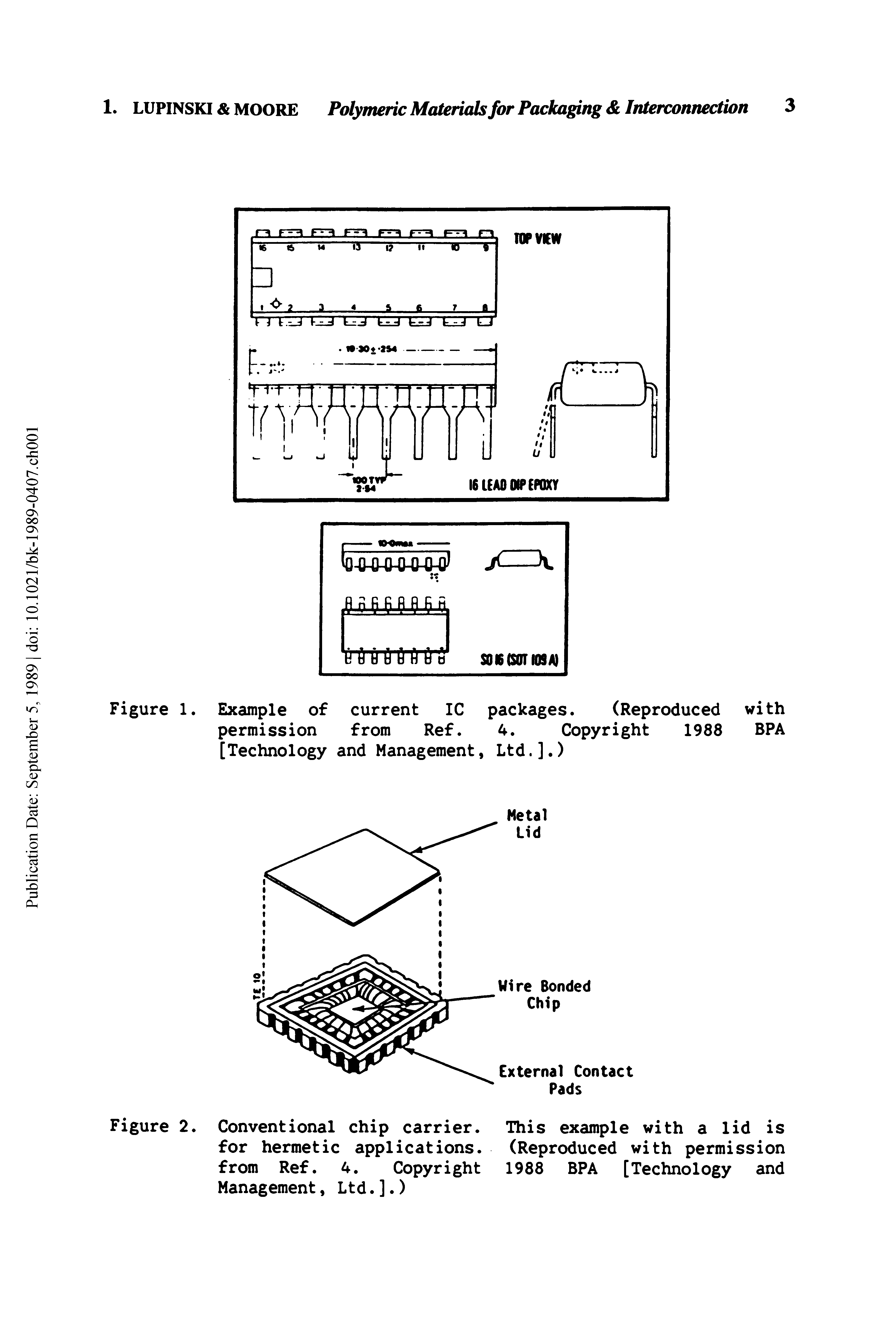 Figure 2. Conventional chip carrier. This example with a lid is for hermetic applications. (Reproduced with permission from Ref. 4. Copyright 1988 BPA [Technology and Management, Ltd.].)...