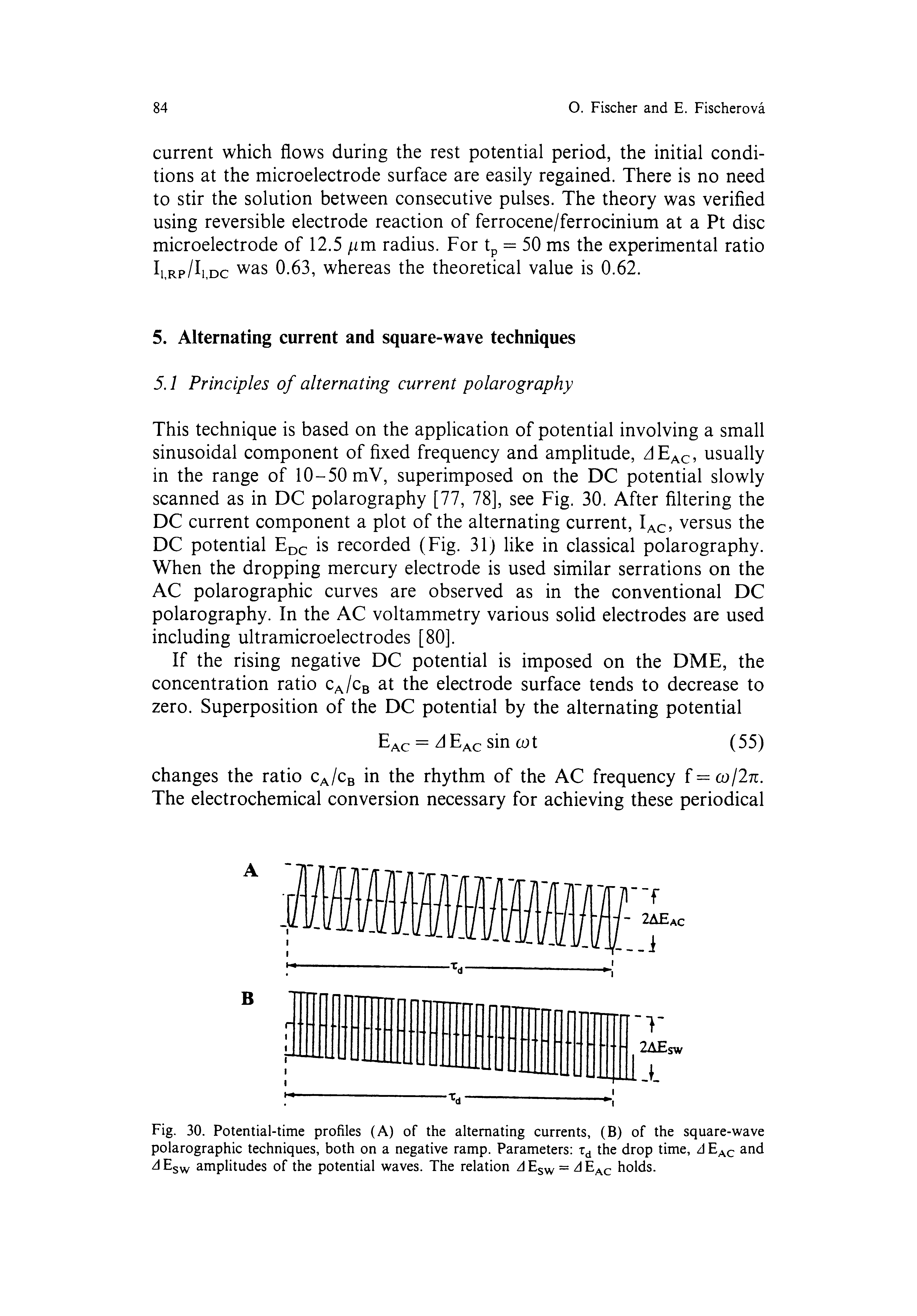Fig. 30. Potential-time profiles (A) of the alternating currents, (B) of the square-wave polarographic techniques, both on a negative ramp. Parameters the drop time, A and dEsw amplitudes of the potential waves. The relation z)Esw = dEAc holds.