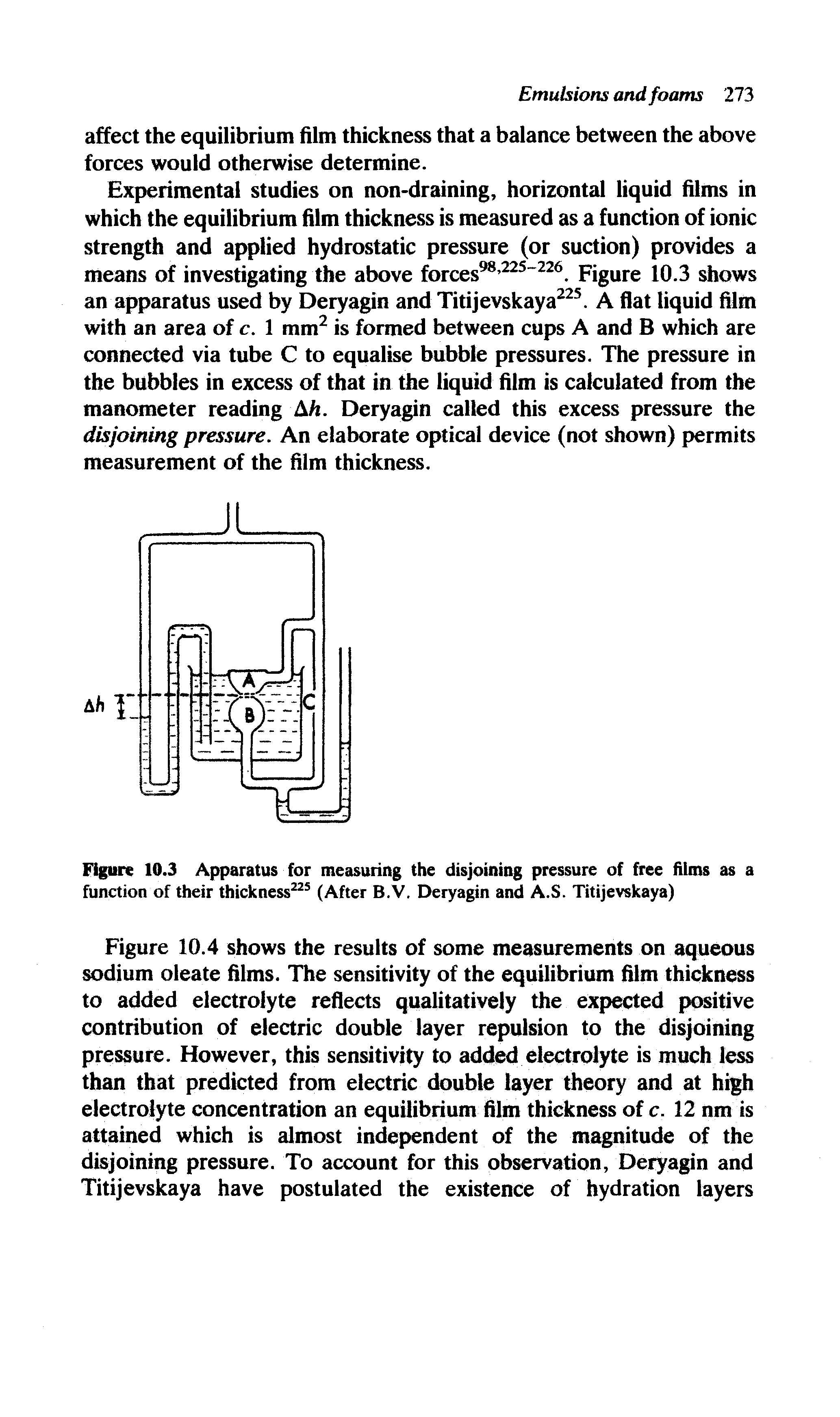Figure 10.3 Apparatus for measuring the disjoining pressure of free films as a function of their thickness225 (After B.V. Deryagin and A.S. Titijevskaya)...