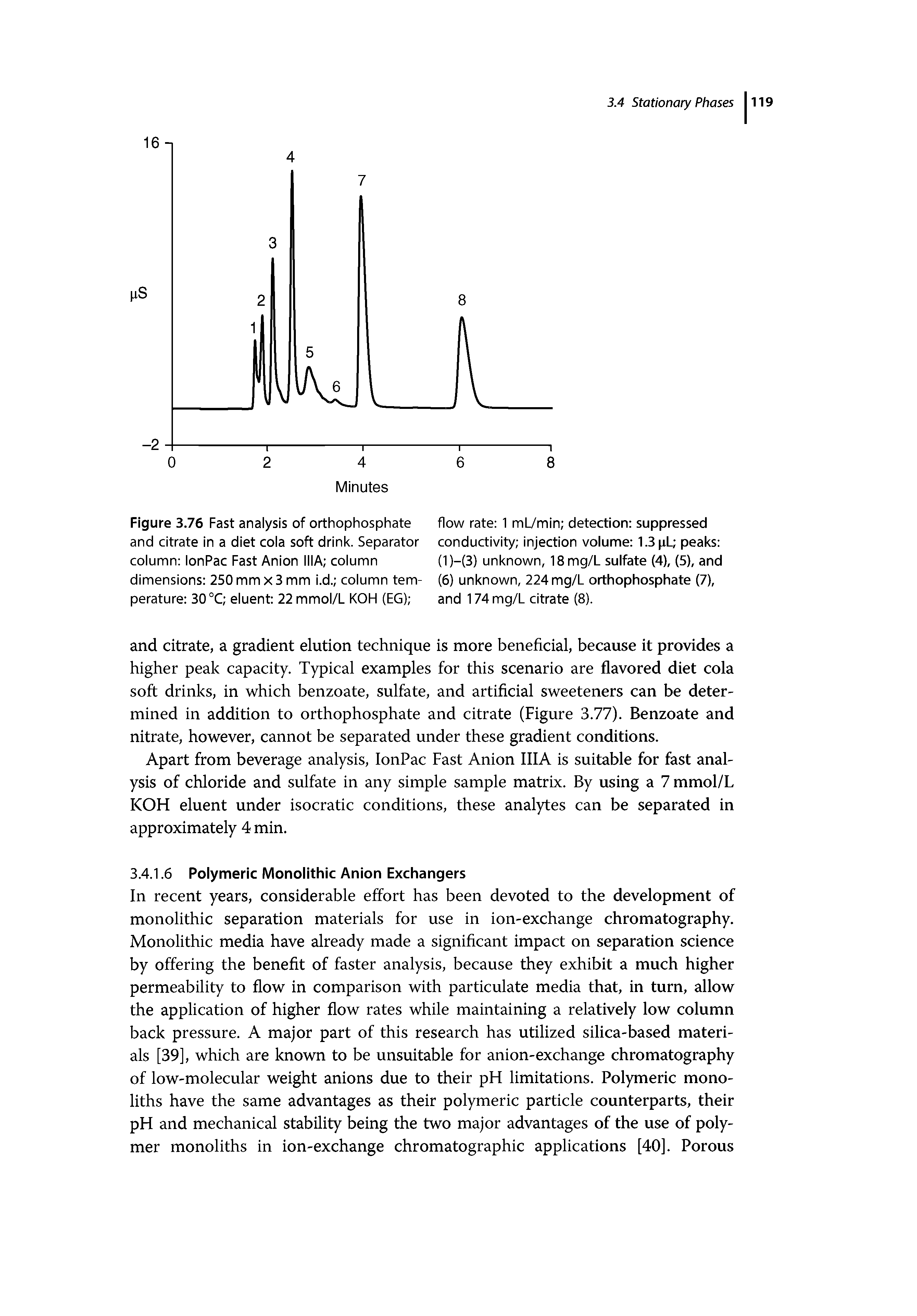 Figure 3.76 Fast analysis of orthophosphate and citrate in a diet cola soft drink. Separator column lonPac Fast Anion IIIA column dimensions 250 mm x 3 mm i.d. column temperature 30 °C eluent 22 mmol/L KOH (EG) ...