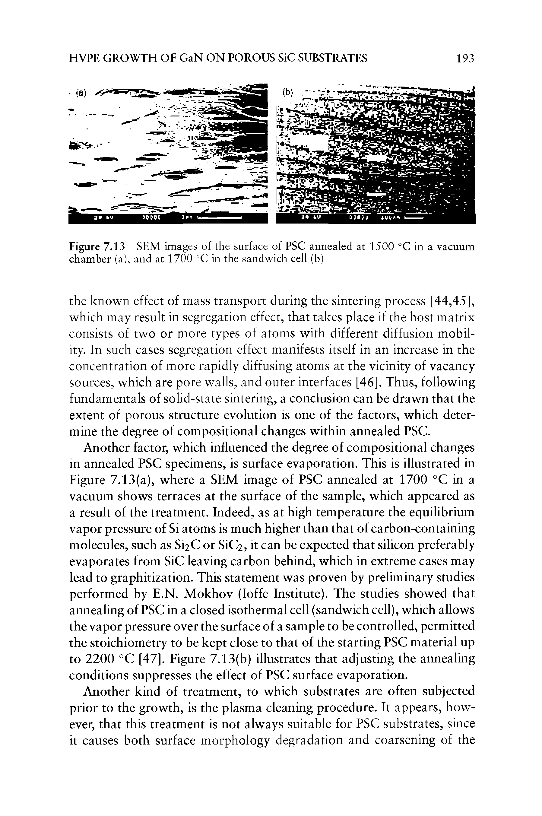 Figure 7.13 SEM images of the surface of PSC annealed at 1500 °C in a vacuum chamber (a), and at 1700 °C in the sandwich cell (b)...