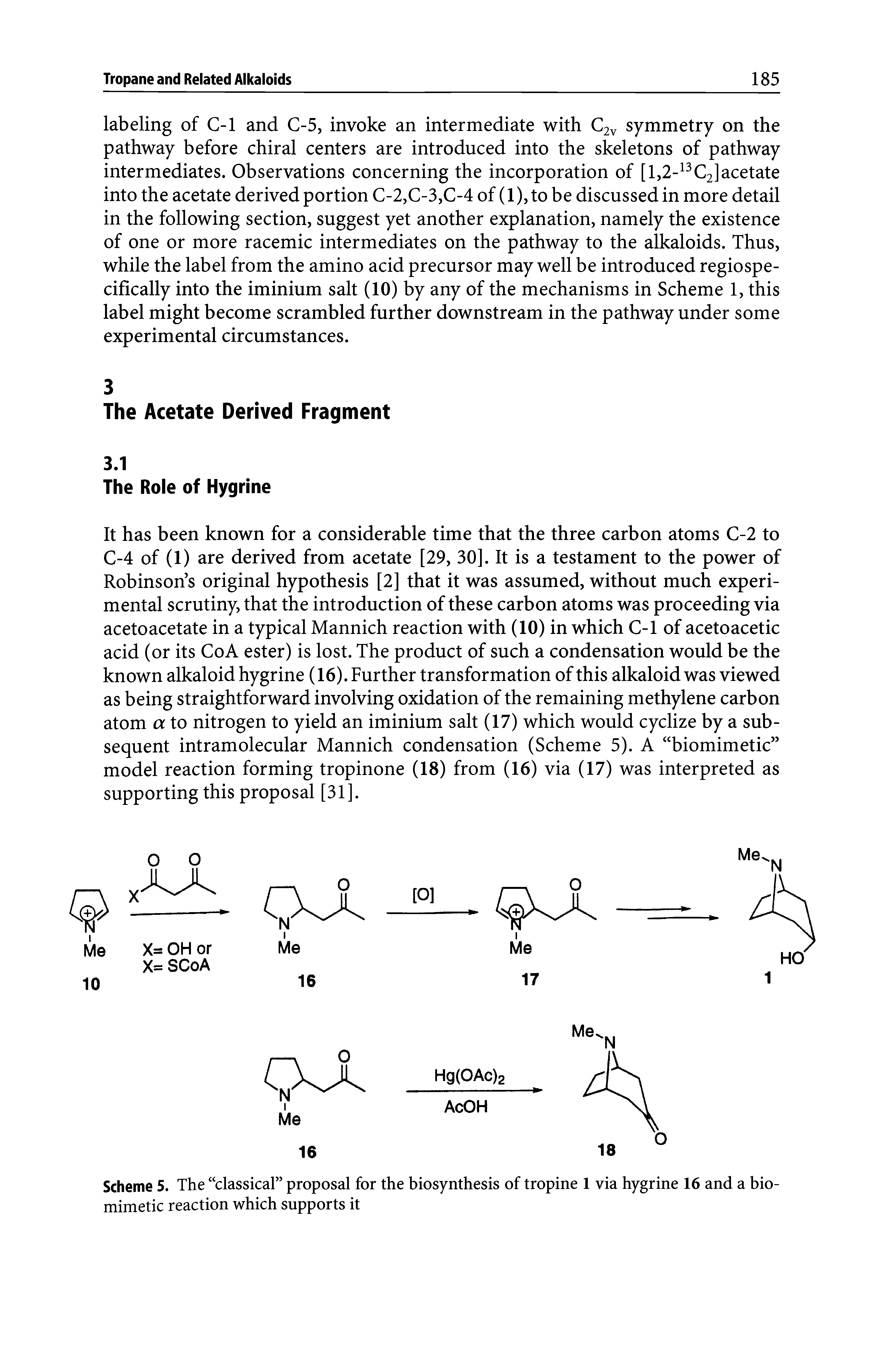 Scheme 5. The classical proposal for the biosynthesis of tropine 1 via hygrine 16 and a bio-mimetic reaction which supports it...