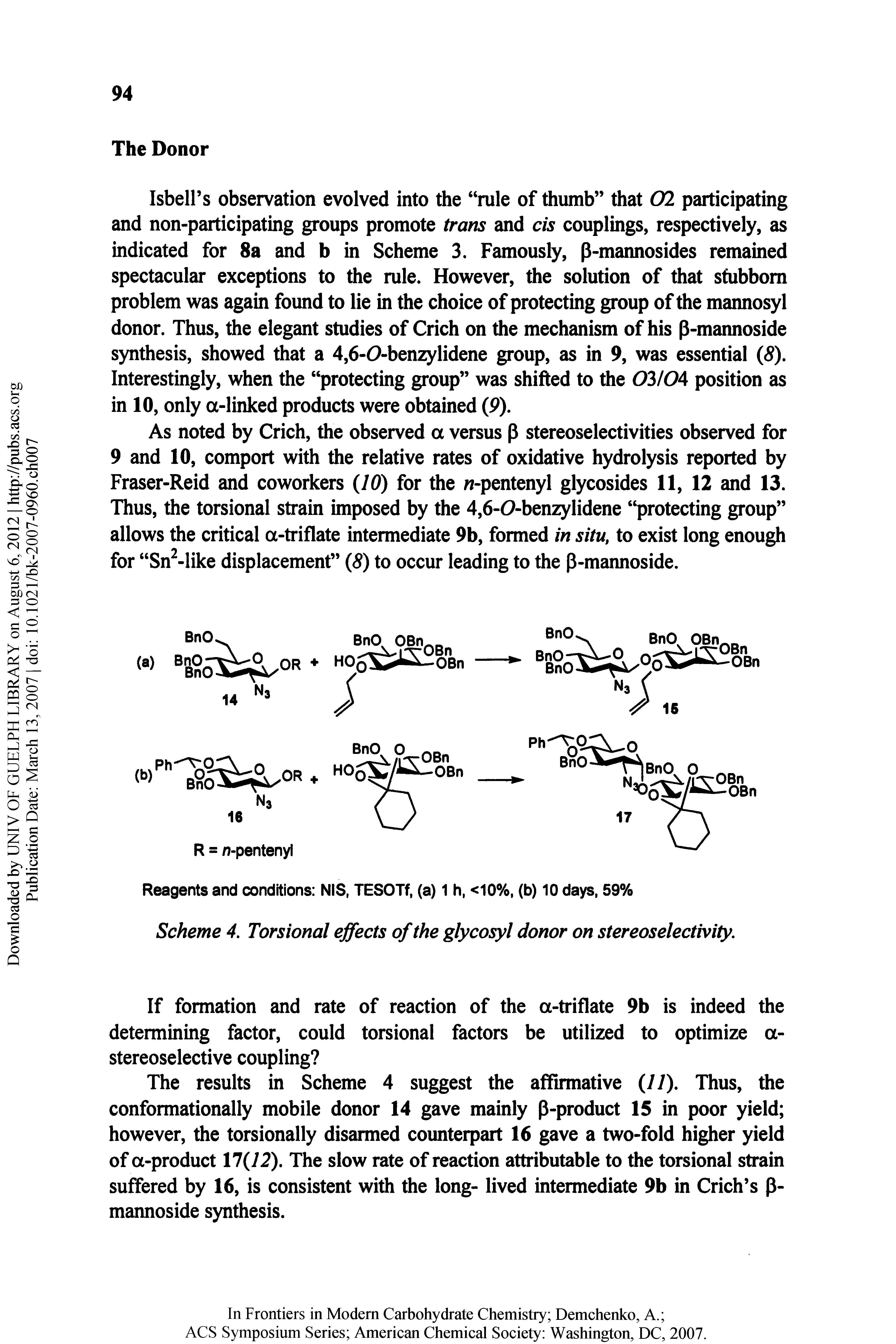 Scheme 4. Torsional effects of the glycosyl donor on stereoselectivity.