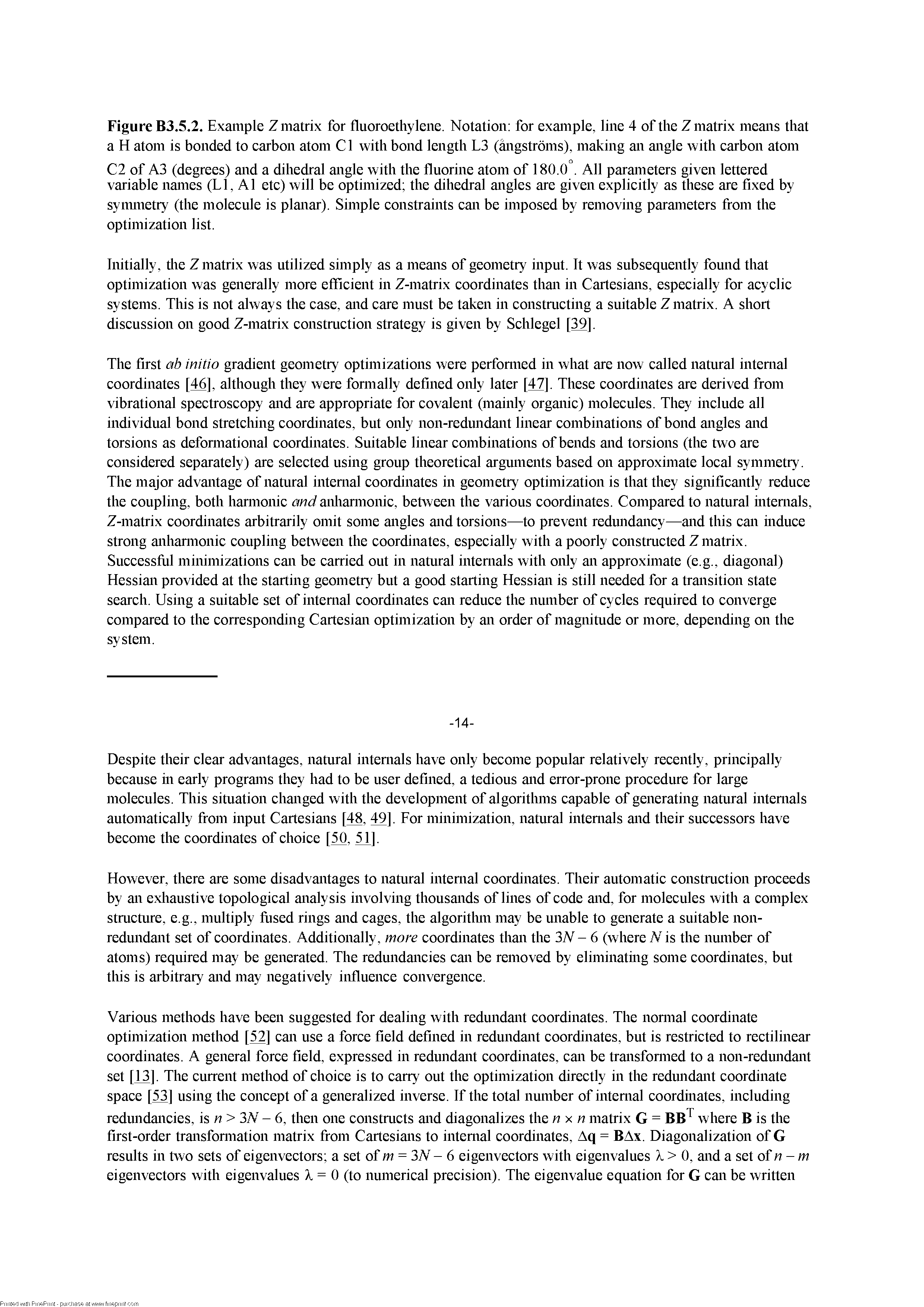 Figure B3.5.2. Example Z matrix for fliioroethylene. Notation for example, line 4 of the Z matrix means that a H atom is bonded to earbon atom Cl with bond length L3 (angstroms), making an angle with earbon atom...
