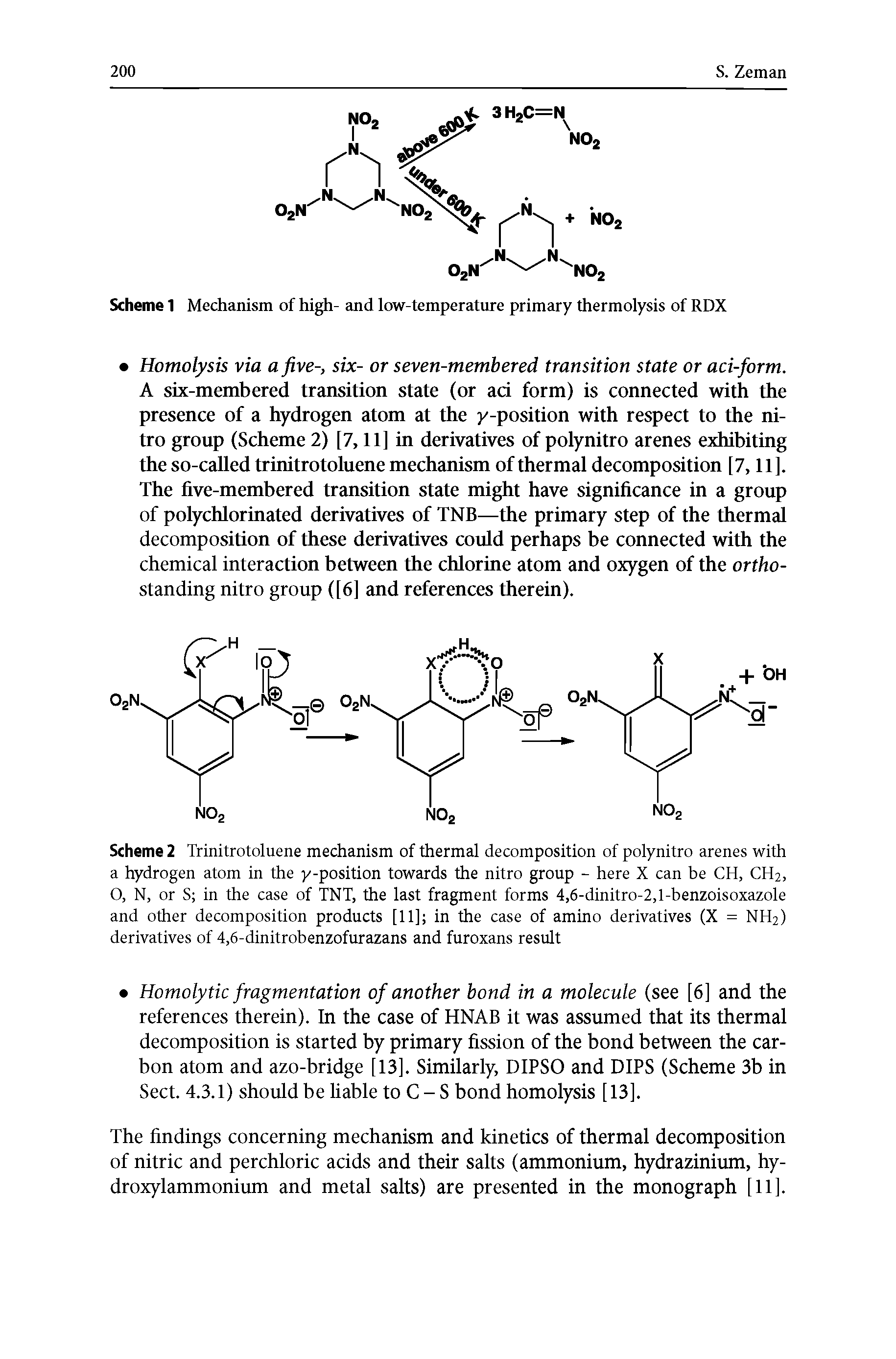 Scheme 2 Trinitrotoluene mechanism of thermal decomposition of polynitro arenes with a hydrogen atom in the y-position towards the nitro group - here X can be CH, CH2, O, N, or S in the case of TNT, the last fragment forms 4,6-dinitro-2,l-benzoisoxazole and other decomposition products [11] in the case of amino derivatives (X = NH2) derivatives of 4,6-dinitrobenzofurazans and furoxans result...