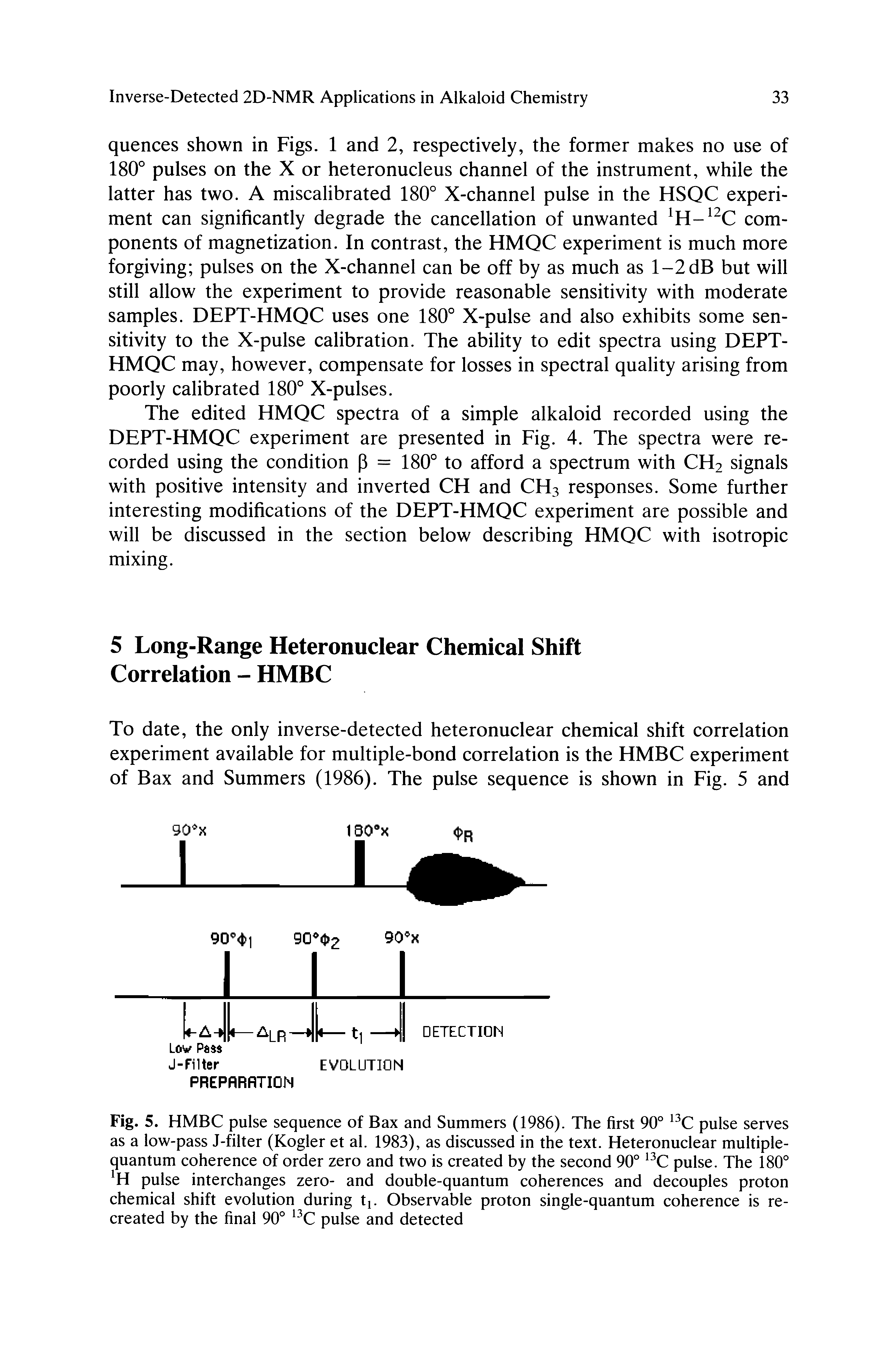 Fig. 5. HMBC pulse sequence of Bax and Summers (1986). The first 90° pulse serves as a low-pass J-filter (Kogler et al. 1983), as discussed in the text. Heteronuclear multiple-quantum coherence of order zero and two is created by the second 90° pulse. The 180° H pulse interchanges zero- and double-quantum coherences and decouples proton chemical shift evolution during tp Observable proton single-quantum coherence is recreated by the final 90° pulse and detected...