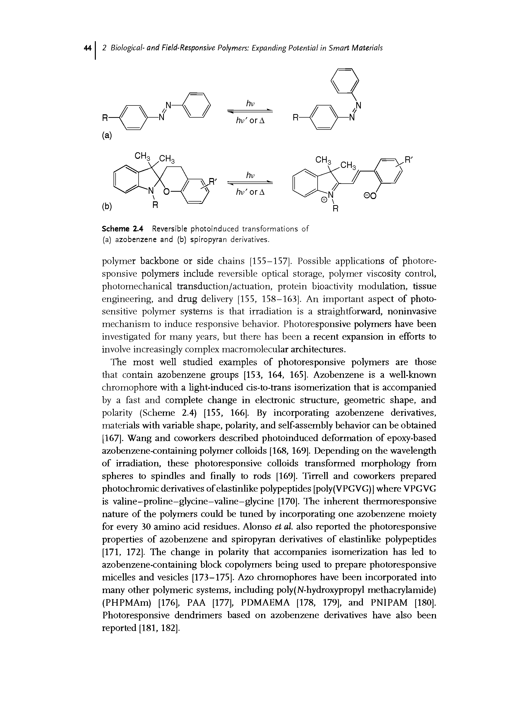 Scheme 2.4 Reversible photoinduced transformations of (a) azobenzene and (b) spiropyran derivatives.