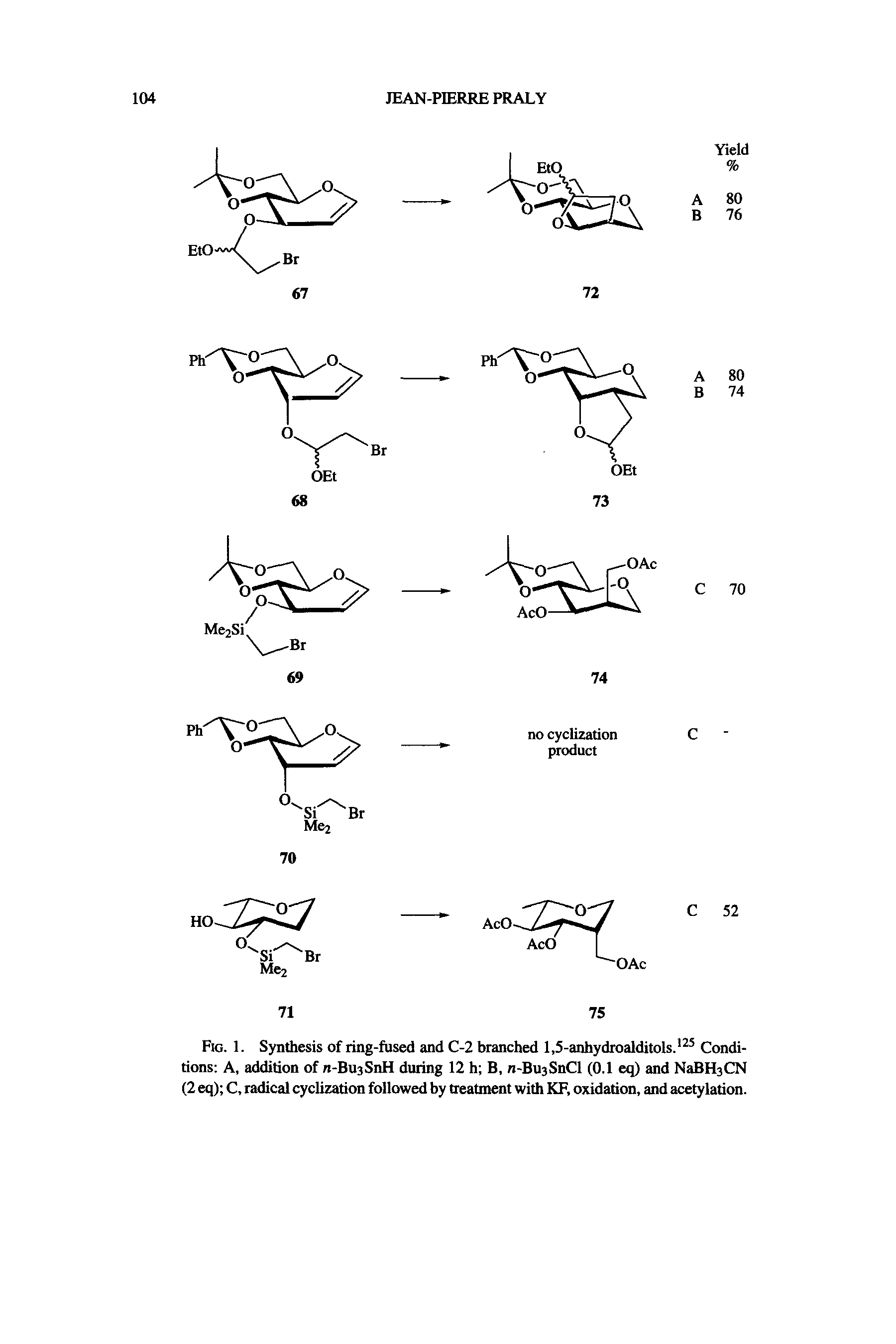 Fig. 1. Synthesis of ring-fused and C-2 branched 1,5-anhydroalditols.125 Conditions A, addition of n-BujSnH during 12 h B, n-Bu3SnCl (0.1 eq) and NaBH3CN (2 eq) C, radical cyclization followed by treatment with KF, oxidation, and acetylation.