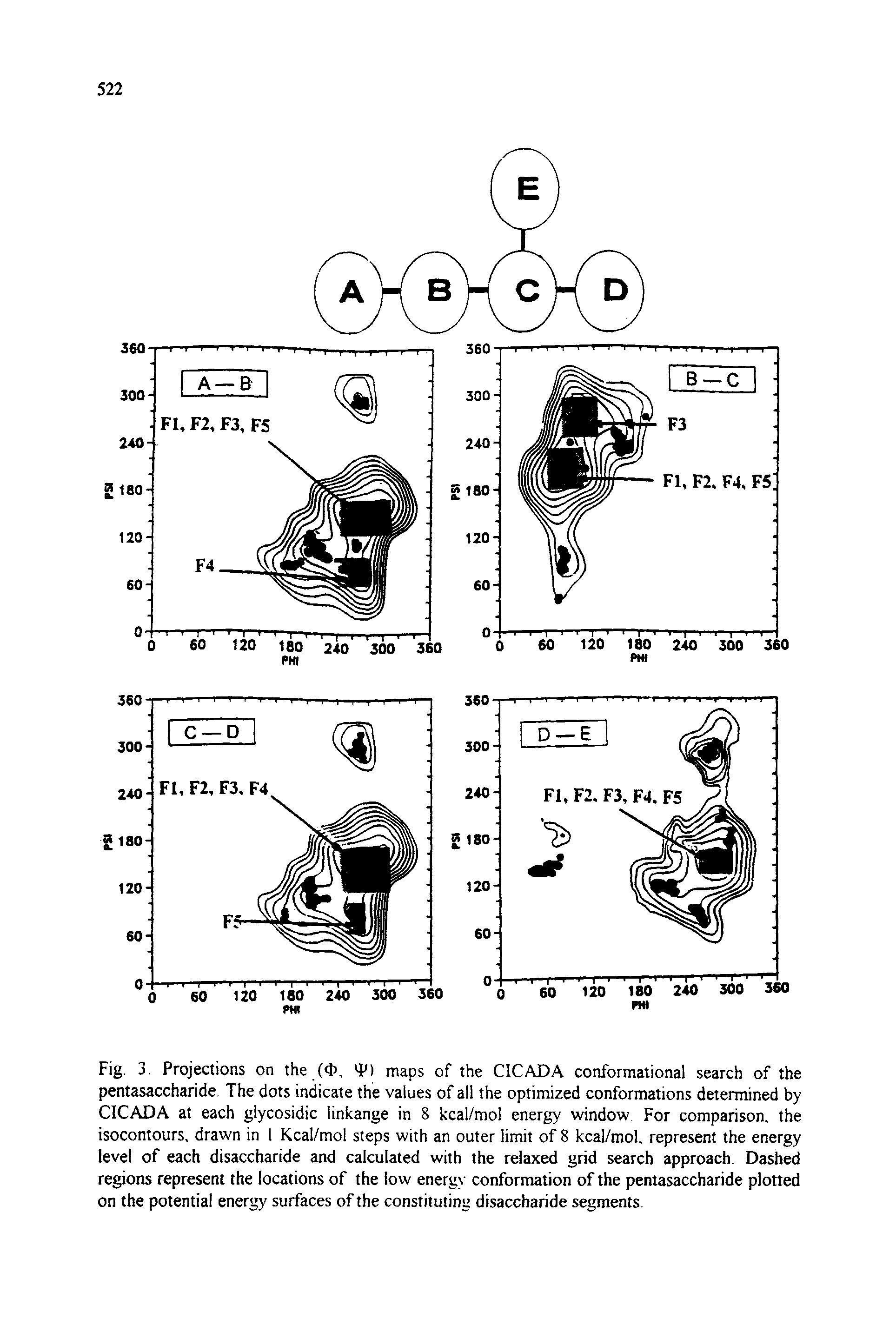 Fig. 3. Projections on the (<1>, maps of the CICADA conformational search of the pentasaccharide. The dots indicate the values of all the optimized conformations determined by CICADA at each glycosidic linkange in 8 kcal/mol energy window For comparison, the isocontours, drawn in 1 Kcal/mol steps with an outer limit of 8 kcal/mol, represent the energy level of each disaccharide and calculated with the relaxed grid search approach. Dashed regions represent the locations of the low energy conformation of the pentasaccharide plotted on the potential energy surfaces of the constituting disaccharide segments...