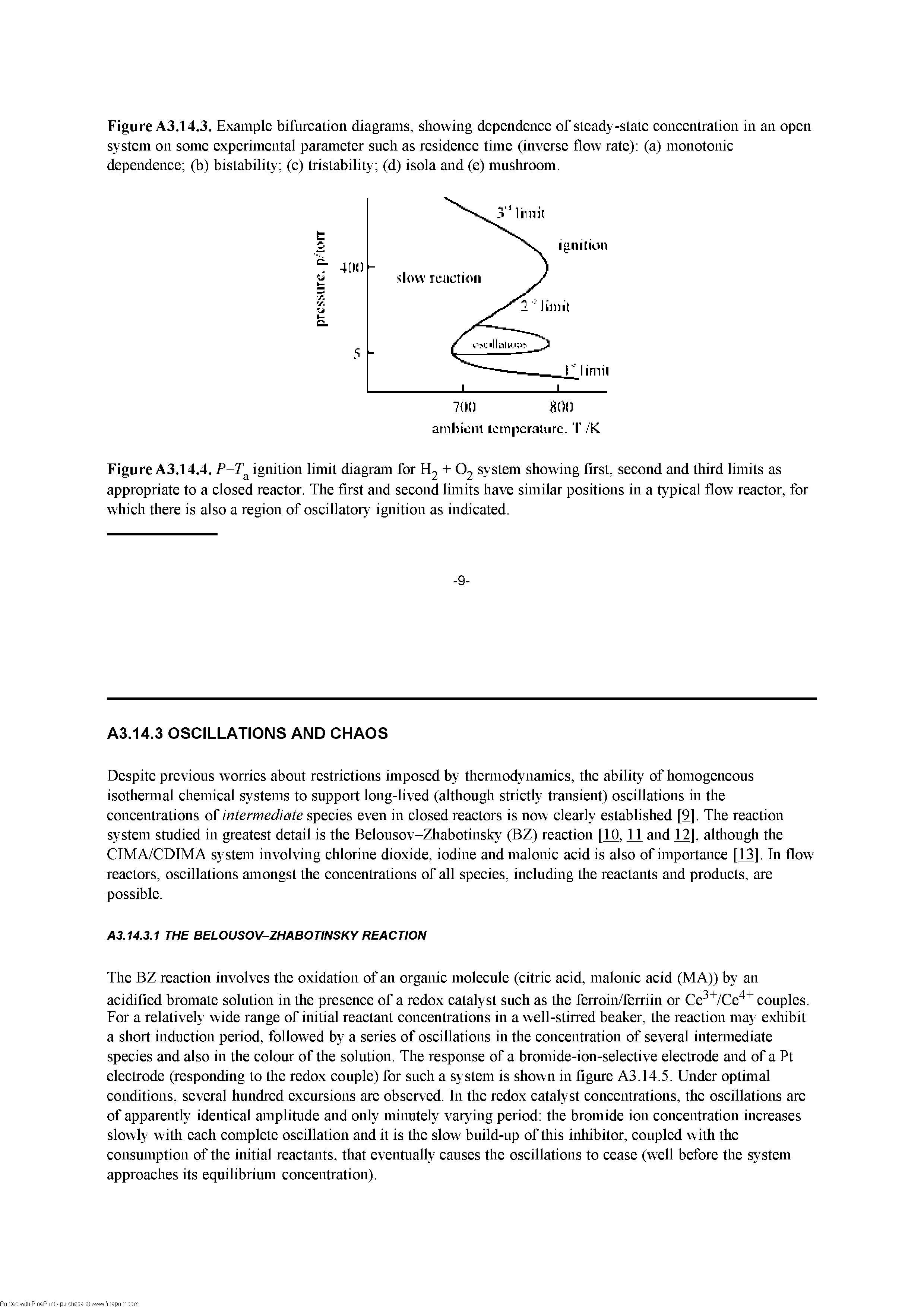 Figure A3.14.3. Example bifurcation diagrams, showing dependence of steady-state concentration in an open system on some experimental parameter such as residence time (inverse flow rate) (a) monotonic dependence (b) bistability (c) tristability (d) isola and (e) musliroom.