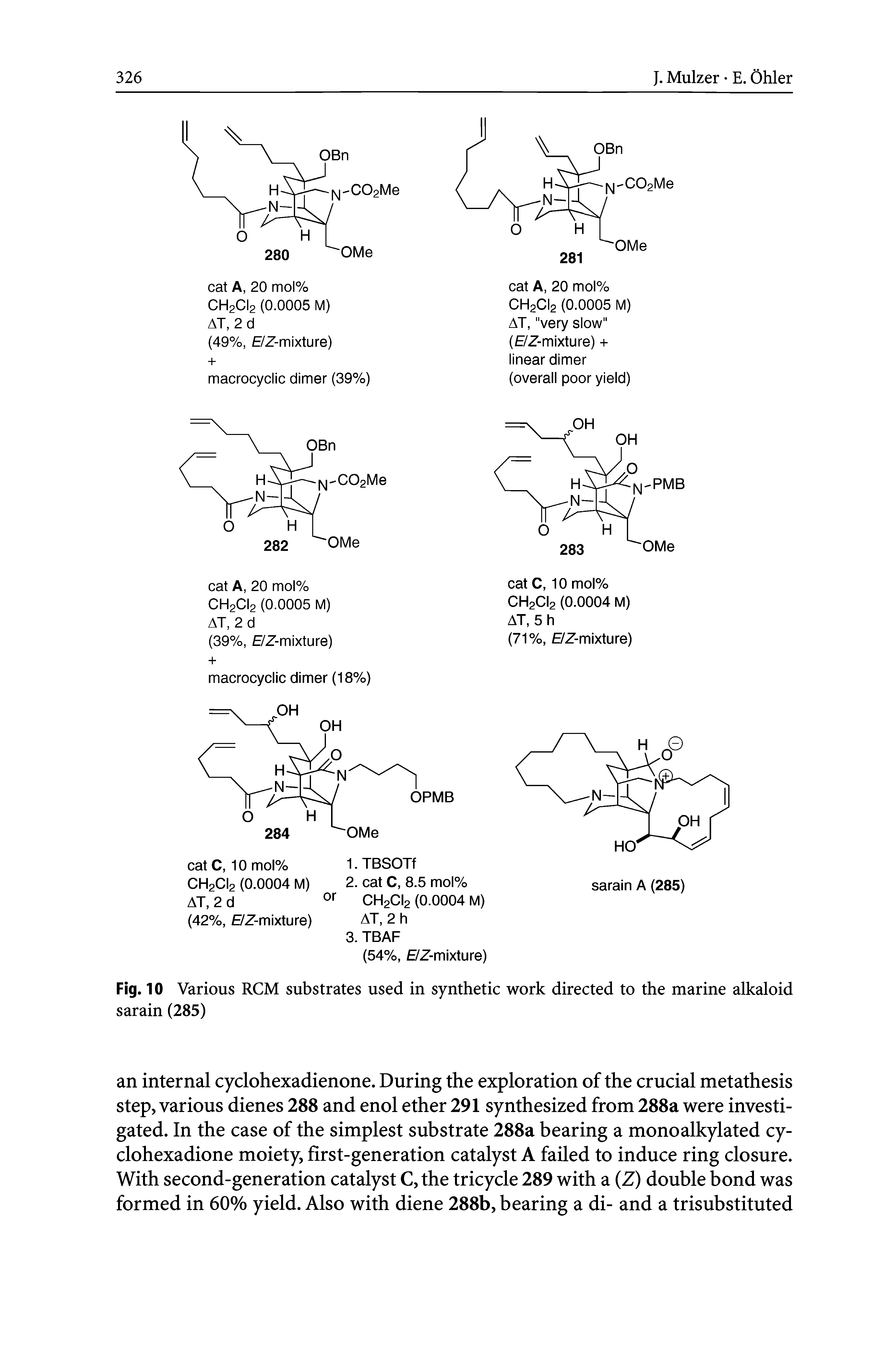 Fig. 10 Various RCM substrates used in synthetic work directed to the marine alkaloid sarain (285)...
