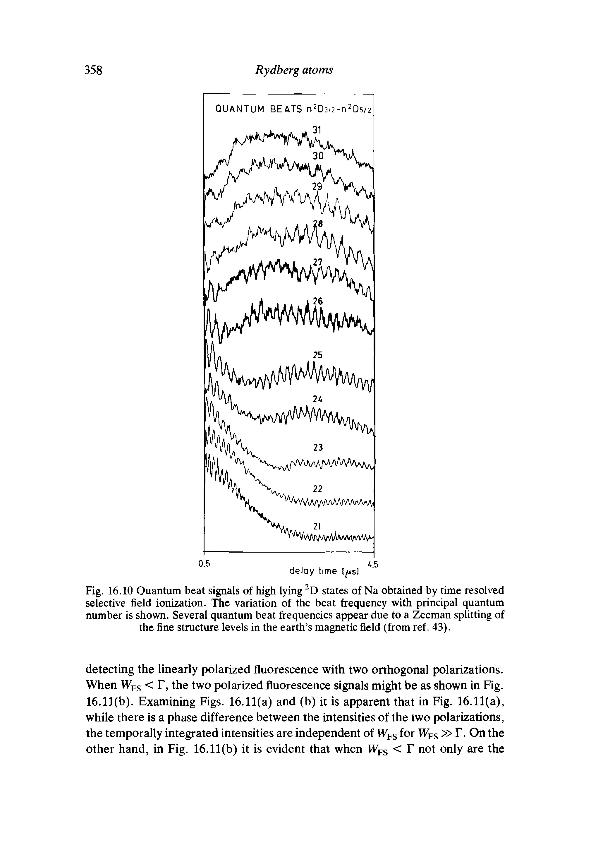 Fig. 16.10 Quantum beat signals of high lying 2D states of Na obtained by time resolved selective field ionization. The variation of the beat frequency with principal quantum number is shown. Several quantum beat frequencies appear due to a Zeeman splitting of the fine structure levels in the earth s magnetic field (from ref. 43).