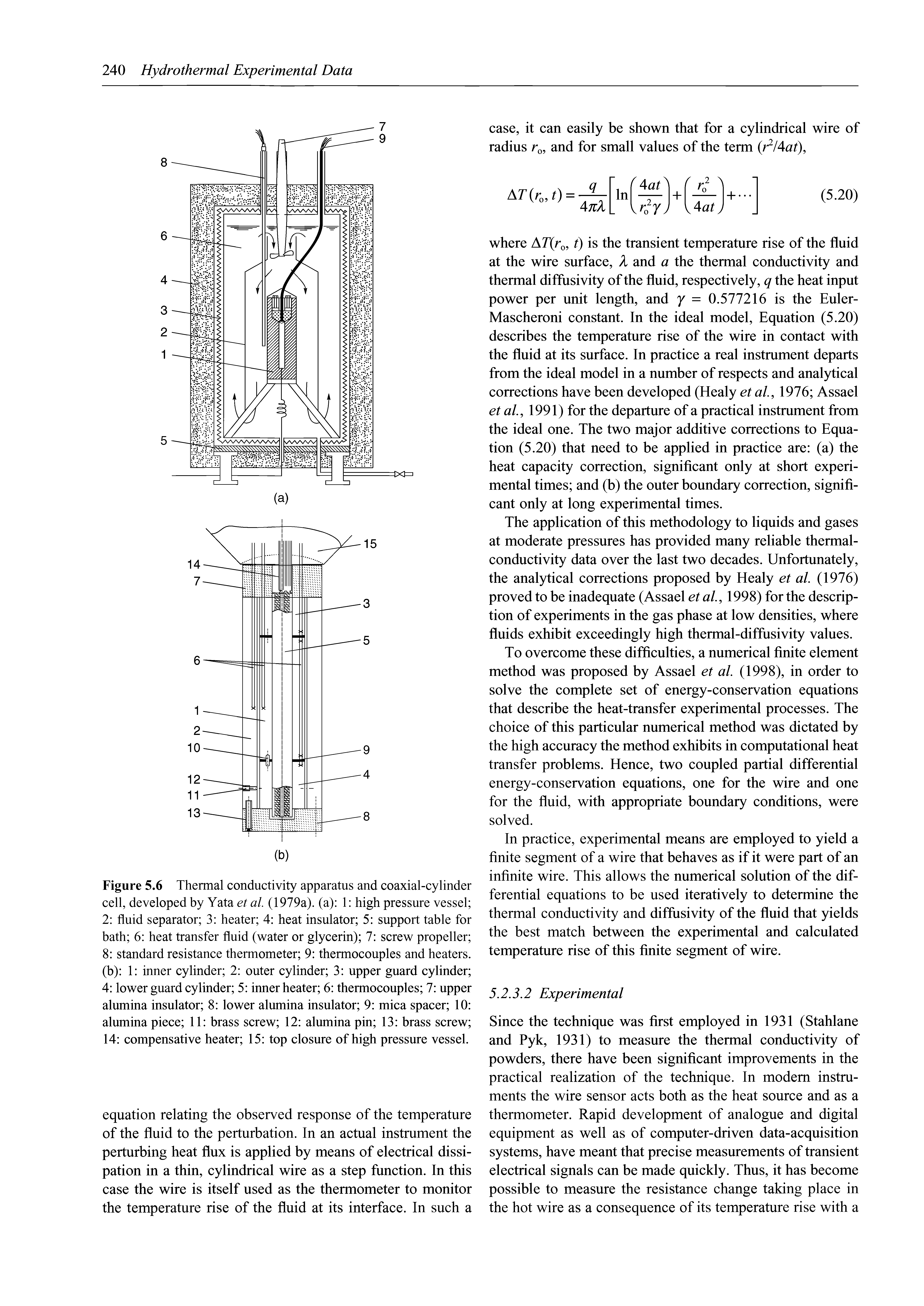 Figure 5.6 Thermal conductivity apparatus and coaxial-cylinder cell, developed by Yata et al (1979a). (a) 1 high pressure vessel 2 fluid separator 3 heater 4 heat insulator 5 support table for bath 6 heat transfer fluid (water or glycerin) 7 screw propeller 8 standard resistance thermometer 9 thermocouples and heaters, (b) 1 inner cylinder 2 outer cylinder 3 upper guard cylinder 4 lower guard cylinder 5 inner heater 6 thermocouples 7 upper alumina insulator 8 lower alumina insulator 9 mica spacer 10 alumina piece 11 brass screw 12 alumina pin 13 brass screw 14 compensative heater 15 top closure of high pressure vessel.