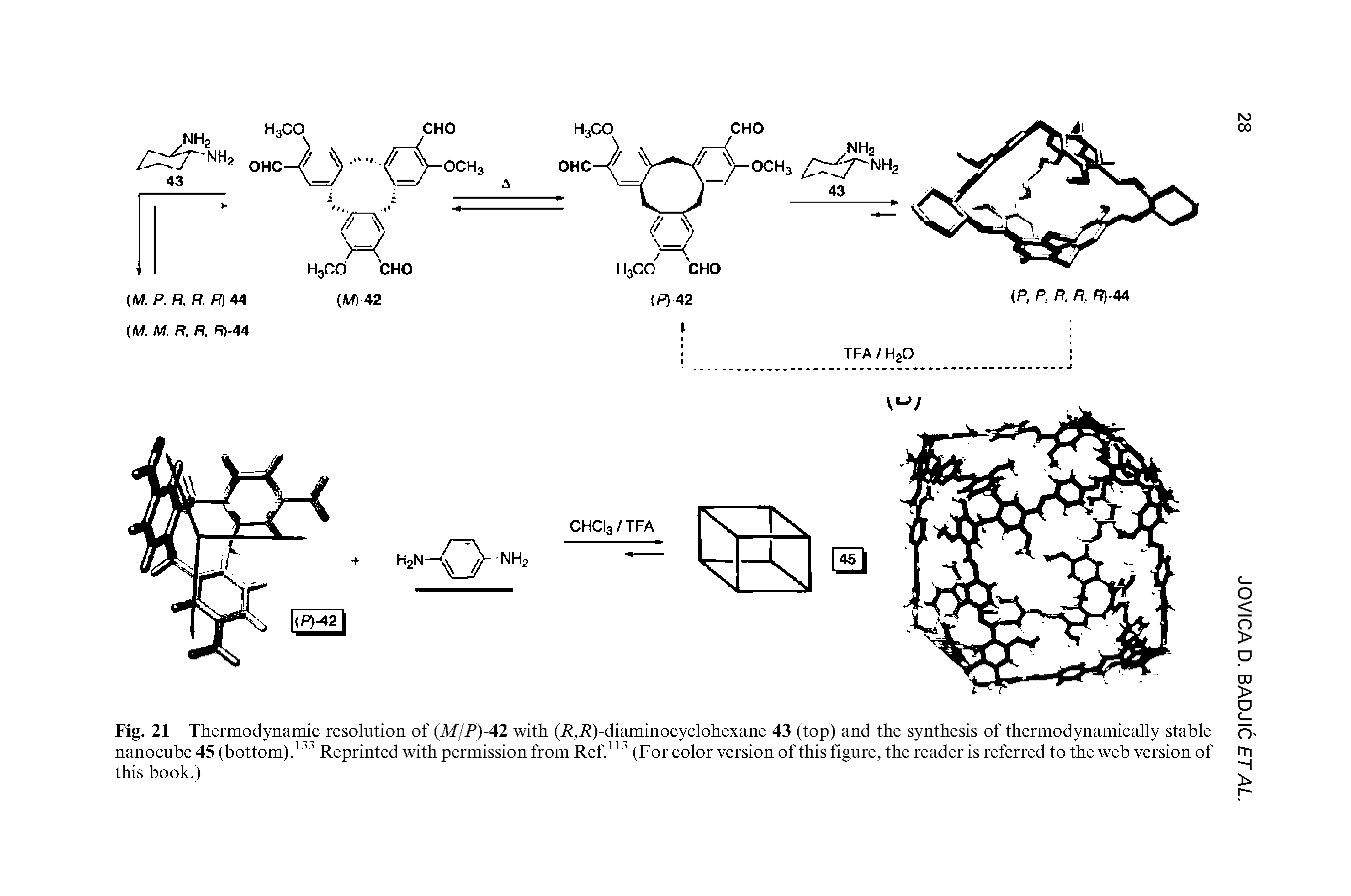 Fig. 21 Thermodynamic resolution of (M/P)-42 with (i, i )-diaminocyclohexane 43 (top) and the synthesis of thermodynamically stable nanocube 45 (bottom).133 Reprinted with permission from Ref.113 (For color version of this figure, the reader is referred to the web version of this book.)...