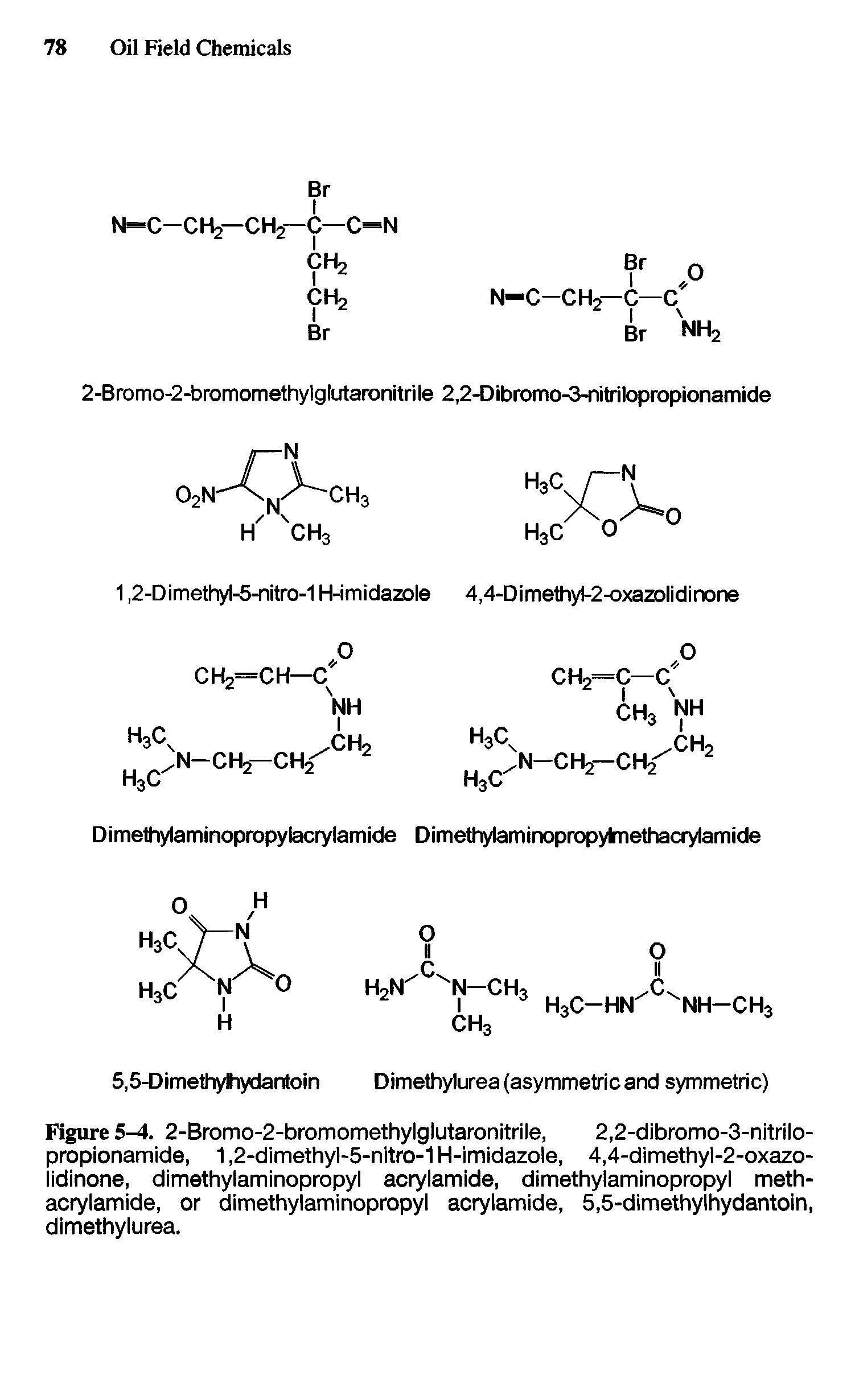 Figure 5-4. 2-Bromo-2-bromomethylglutaronitrile, 2,2-dibromo-3-nitrilo-propionamide, 1,2-dimethyl-5-nitro-1 H-imidazole, 4,4-dimethyl-2-oxazo-lidinone, dimethylaminopropyl acrylamide, dimethylaminopropyl methacrylamide, or dimethylaminopropyl acrylamide, 5,5-dimethylhydantoin, dimethylurea.