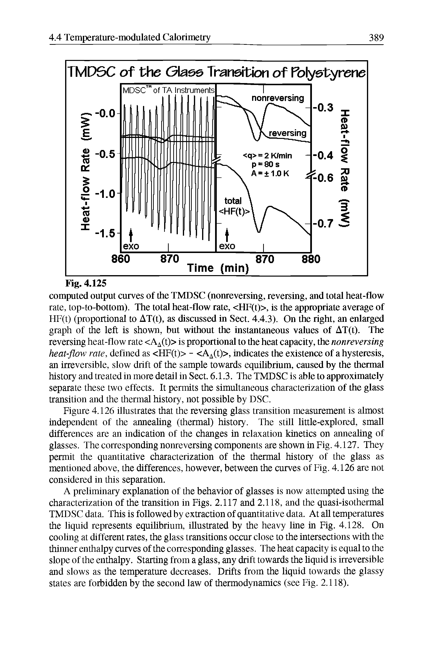 Figure 4.126 illustrates that the reversing glass transition measurement is almost independent of the annealing (thermal) history. The still little-explored, small differences are an indication of the changes in relaxation kinetics on annealing of glasses. The corresponding nonreversing components are shown in Fig. 4.127. They permit the quantitative characterization of the thermal history of the glass as mentioned above, the differences, however, between the curves of Fig. 4.126 are not considered in this separation.