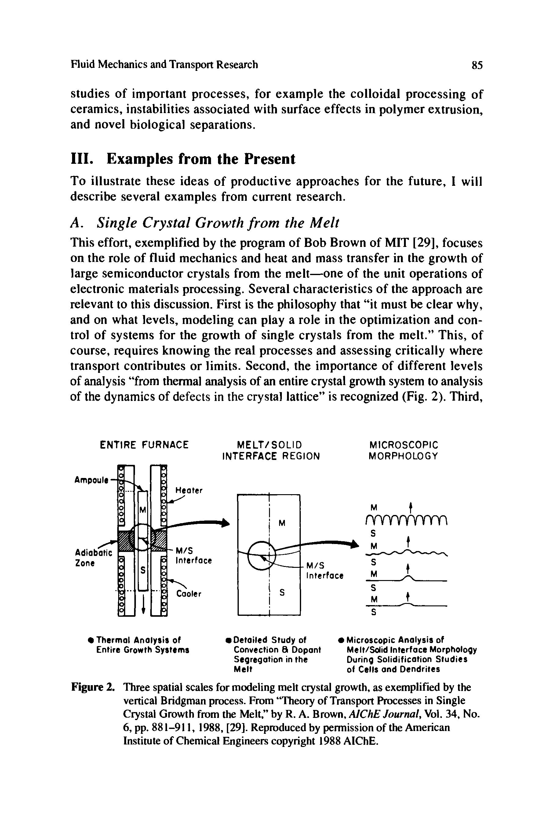 Figure 2. Three spatial scales for modeling melt crystal growth, as exemplified by the vertical Bridgman process. From Theory of Transport Processes in Single Crystal Growth from the Melt, by R. A. Brown, AJChE Journal, Vol. 34, No. 6, pp. 881-911, 1988, [29]. Reproduced by permission of the American Institute of Chemical Engineers copyright 1988 AIChE.