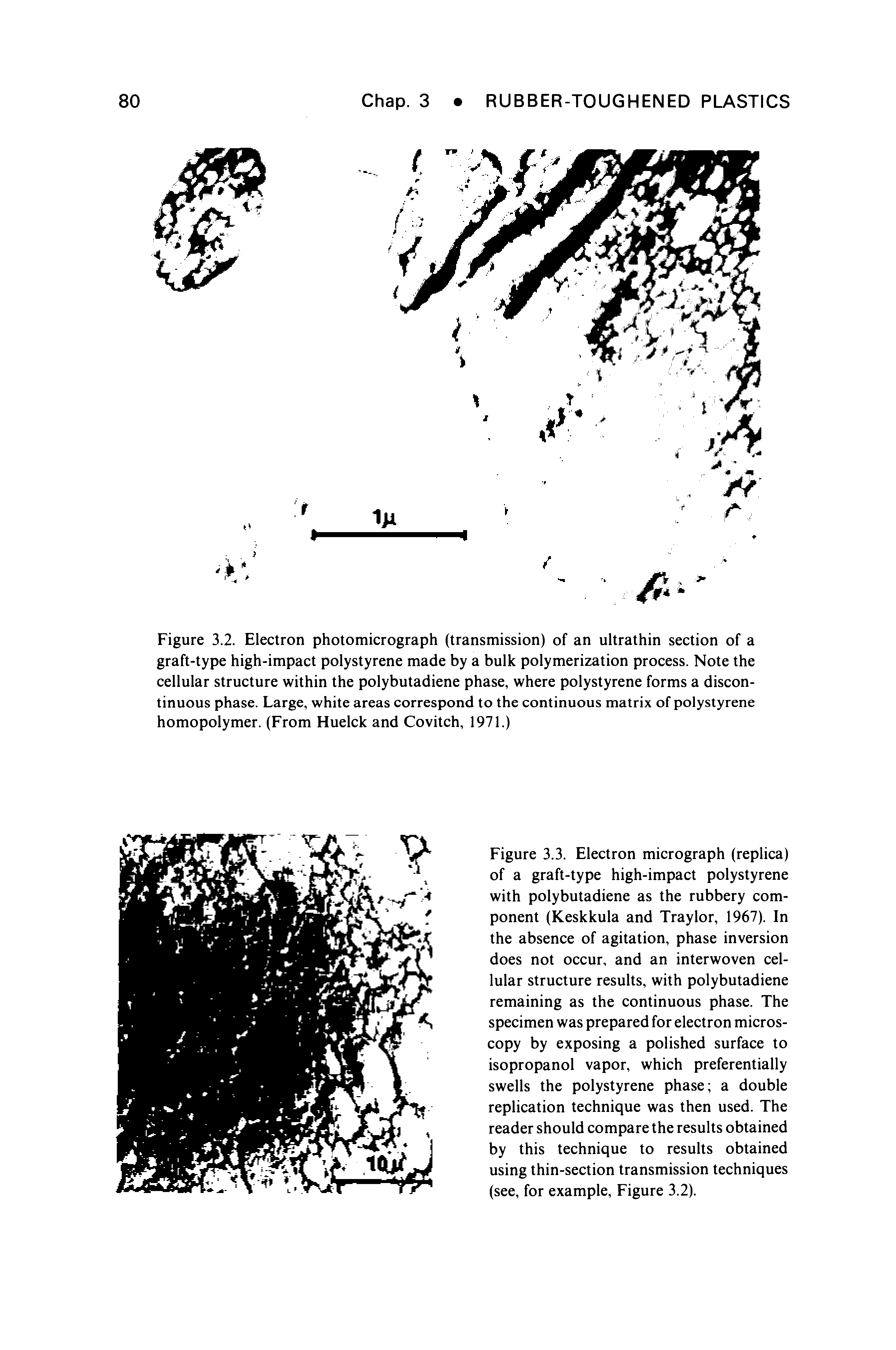 Figure 3.3. Electron micrograph (replica) of a graft-type high-impact polystyrene with polybutadiene as the rubbery component (Keskkula and Traylor, 1967). In the absence of agitation, phase inversion does not occur, and an interwoven cellular structure results, with polybutadiene remaining as the continuous phase. The specimen was prepared for electron microscopy by exposing a polished surface to isopropanol vapor, which preferentially swells the polystyrene phase a double replication technique was then used. The reader should compare the results obtained by this technique to results obtained using thin-section transmission techniques (see, for example. Figure 3.2).