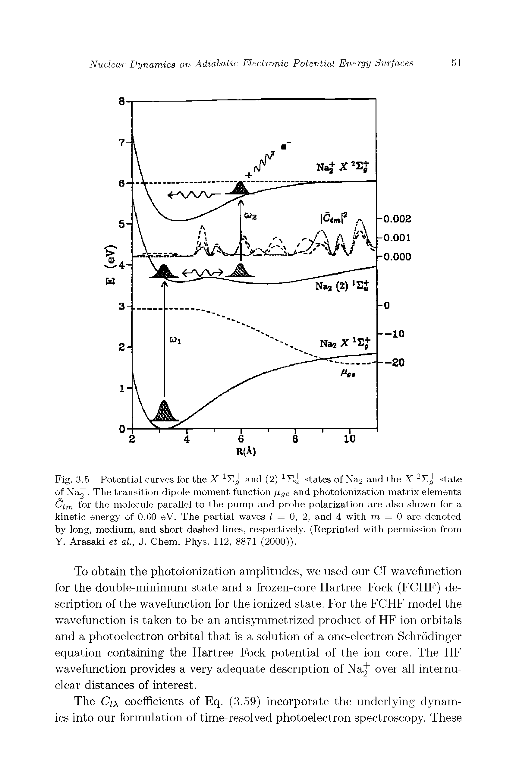 Fig. 3.5 Potential curves for the X and (2) states of Na2 and the X state of NaJ. The transition dipole moment function fj,ge and photoionization matrix elements Qm for the molecule parallel to the pump and probe polarization are also shown for a kinetic energy of 0.60 eV. The partial waves I = 0, 2, and 4 with m = 0 are denoted by long, medium, and short dashed lines, respectively. (Reprinted with permission from Y. Arasaki et al, J. Chem. Phys. 112, 8871 (2000)).