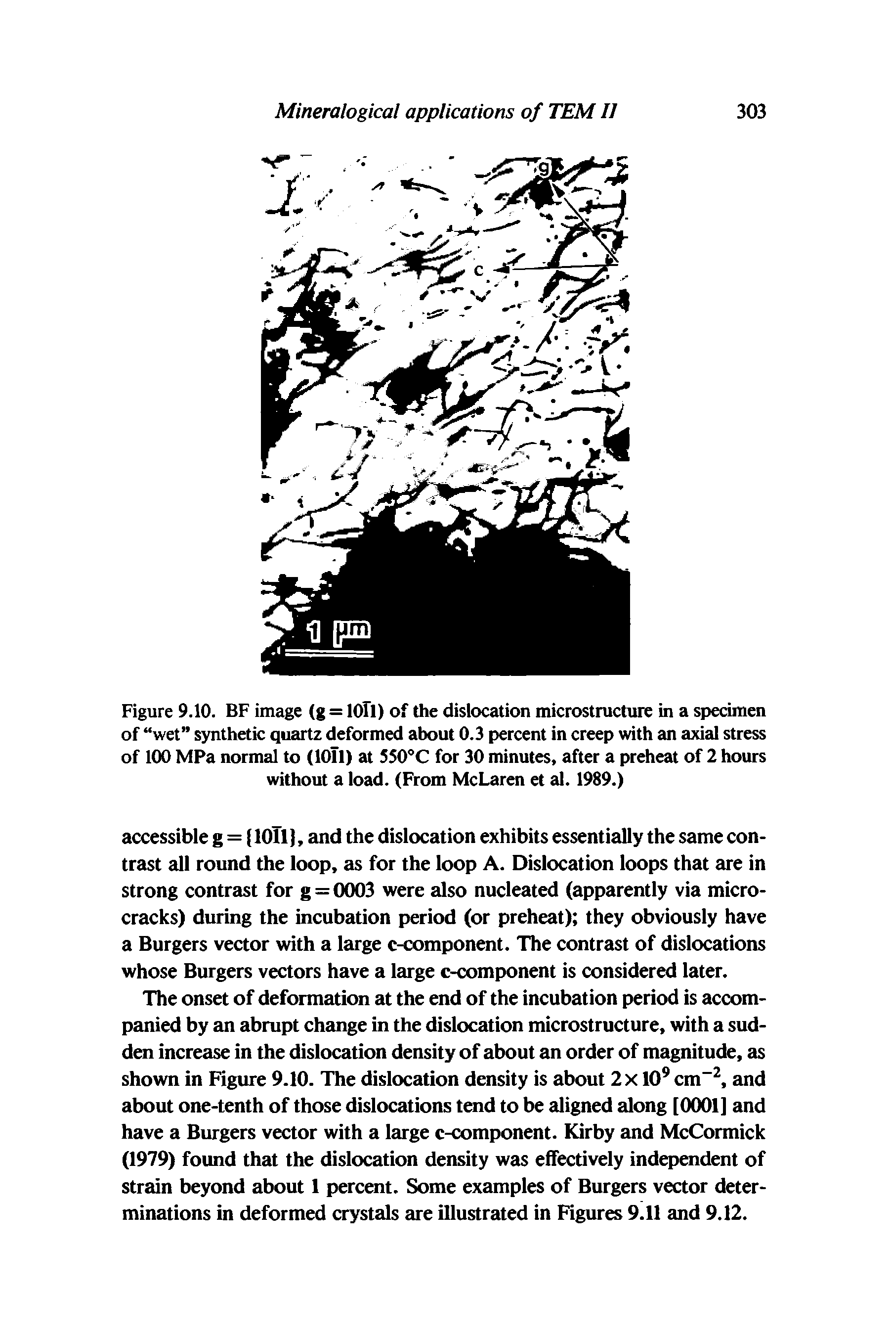 Figure 9.10. BF image (g = lOTl) of the dislocation microstructure in a specimen of wet synthetic quartz deformed about 0.3 percent in creep with an axial stress of 100 MPa normal to (lOTl) at 550°C for 30 minutes, after a preheat of 2 hours without a load. (From McLaren et al. 1989.)...