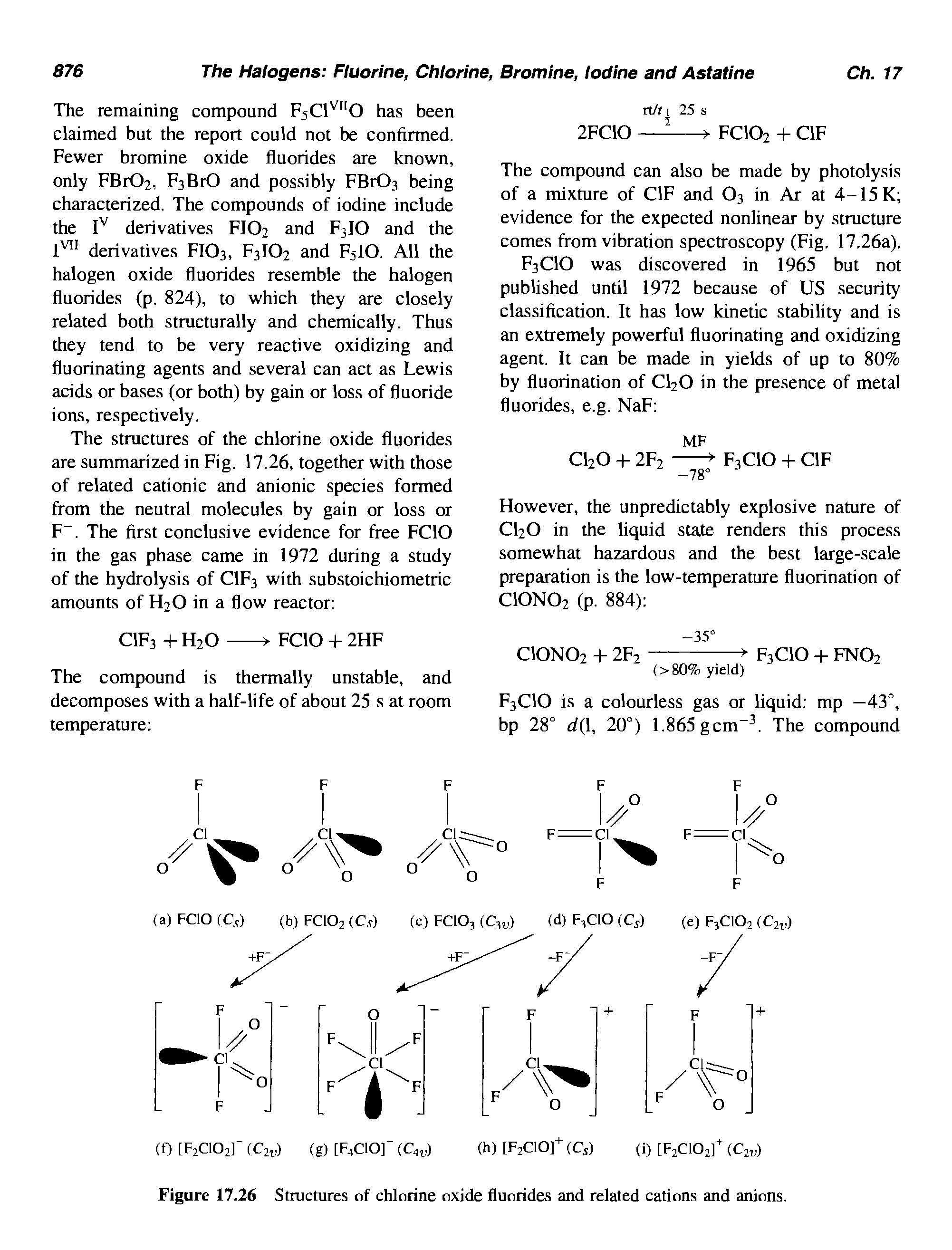 Figure 17.26 Structures of chlorine oxide fluorides and related cations and anions.