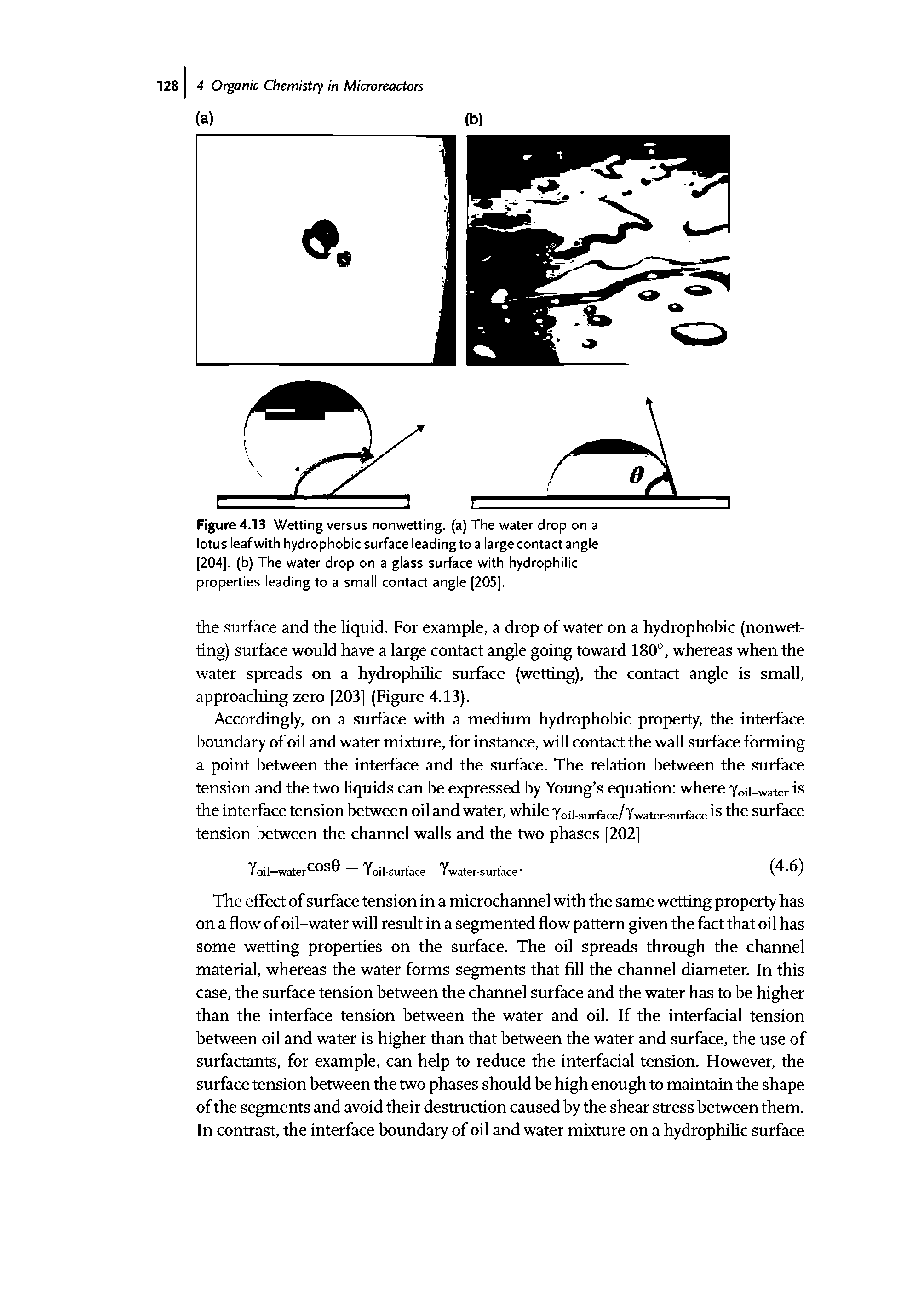 Figure 4.13 Wetting versus nonwetting, (a) The water drop on a lotus leaf with hydrophobic surface leadingto a large contact angle [204]. (b) The water drop on a glass surface with hydrophilic properties leading to a small contact angle [205].