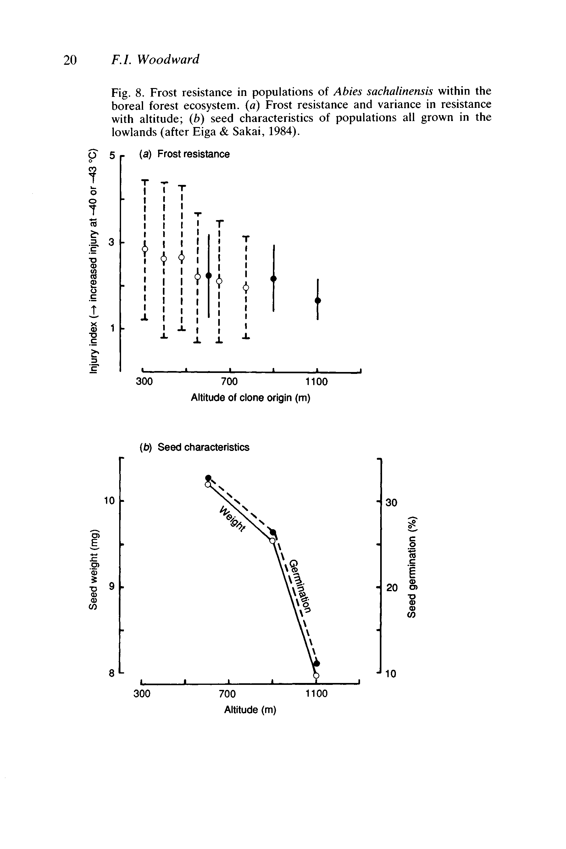 Fig. 8. Frost resistance in populations of Abies sachalinensis within the boreal forest ecosystem, (a) Frost resistance and variance in resistance with altitude (b) seed characteristics of populations all grown in the lowlands (after Eiga Sakai, 1984).