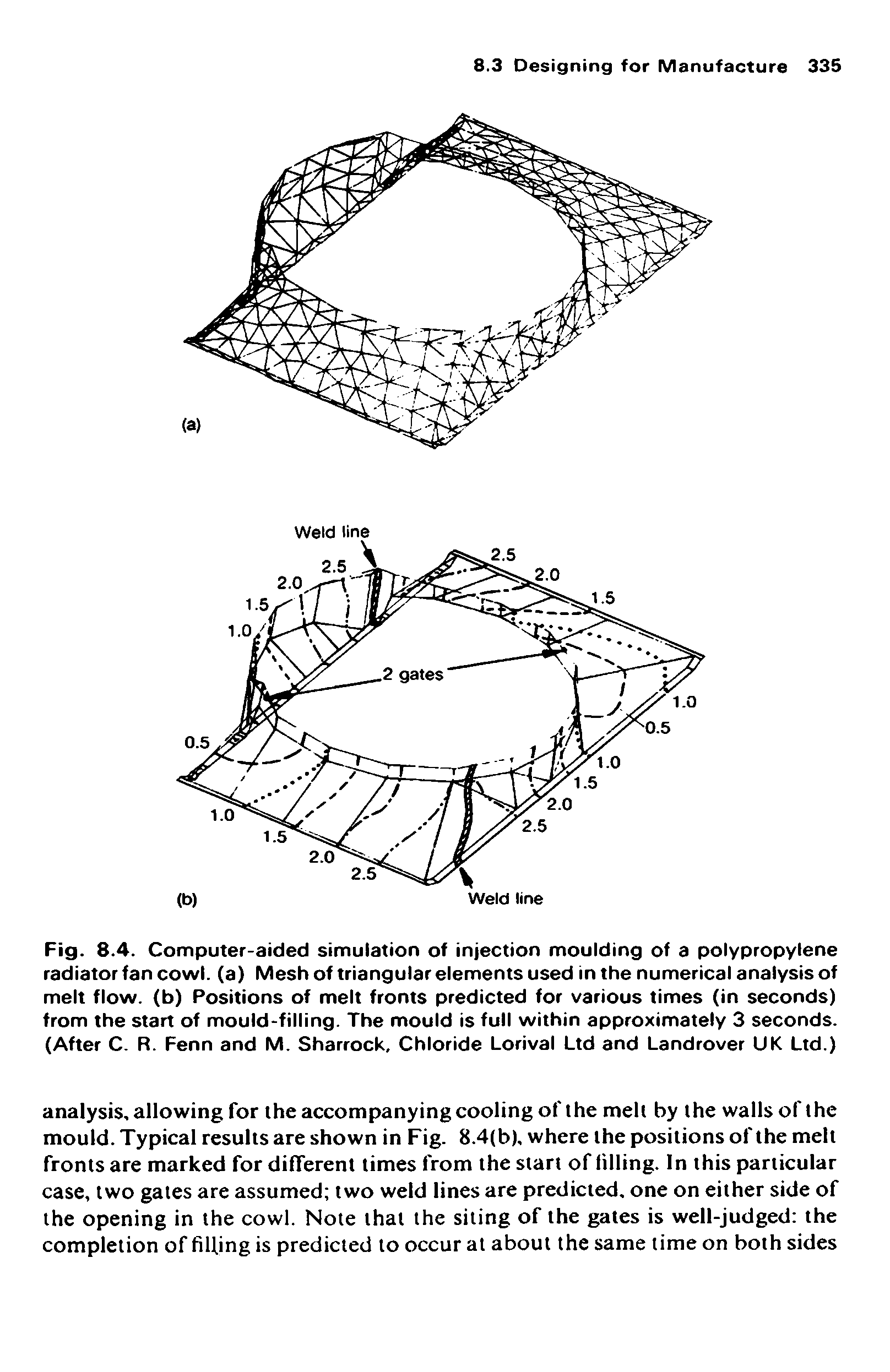 Fig. 8.4. Computer-aided simulation of injection moulding of a polypropylene radiator fan cowl, (a) Mesh of triangular elements used in the numerical analysis of melt flow, (b) Positions of melt fronts predicted for various times (in seconds) from the start of mould-filling. The mould is full within approximately 3 seconds. (After C. R. Fenn and M. Sharrock, Chloride Lorival Ltd and Landrover UK Ltd.)...