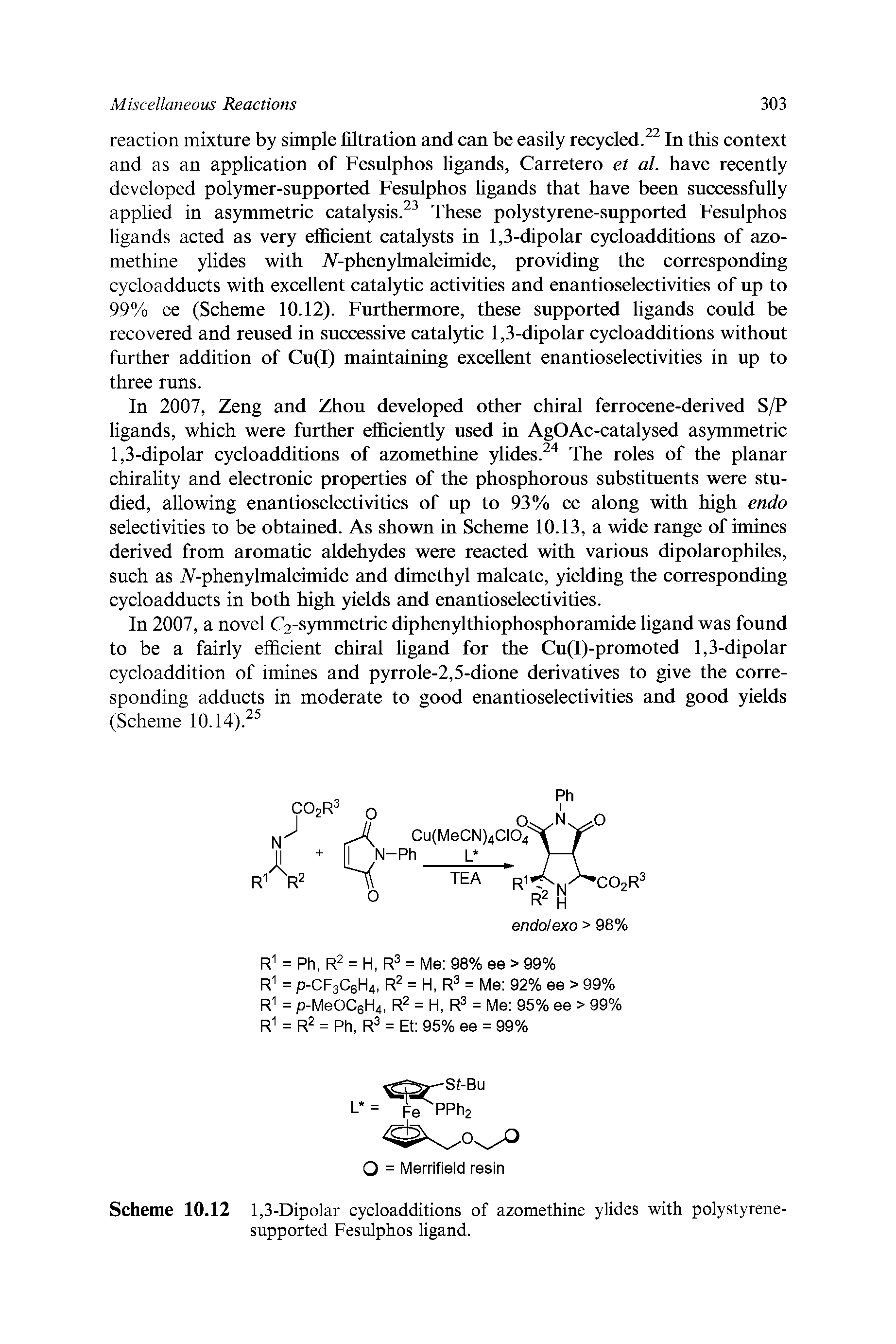 Scheme 10.12 1,3-Dipolar cycloadditions of azomethine ylides with polystyrene-supported Fesulphos ligand.