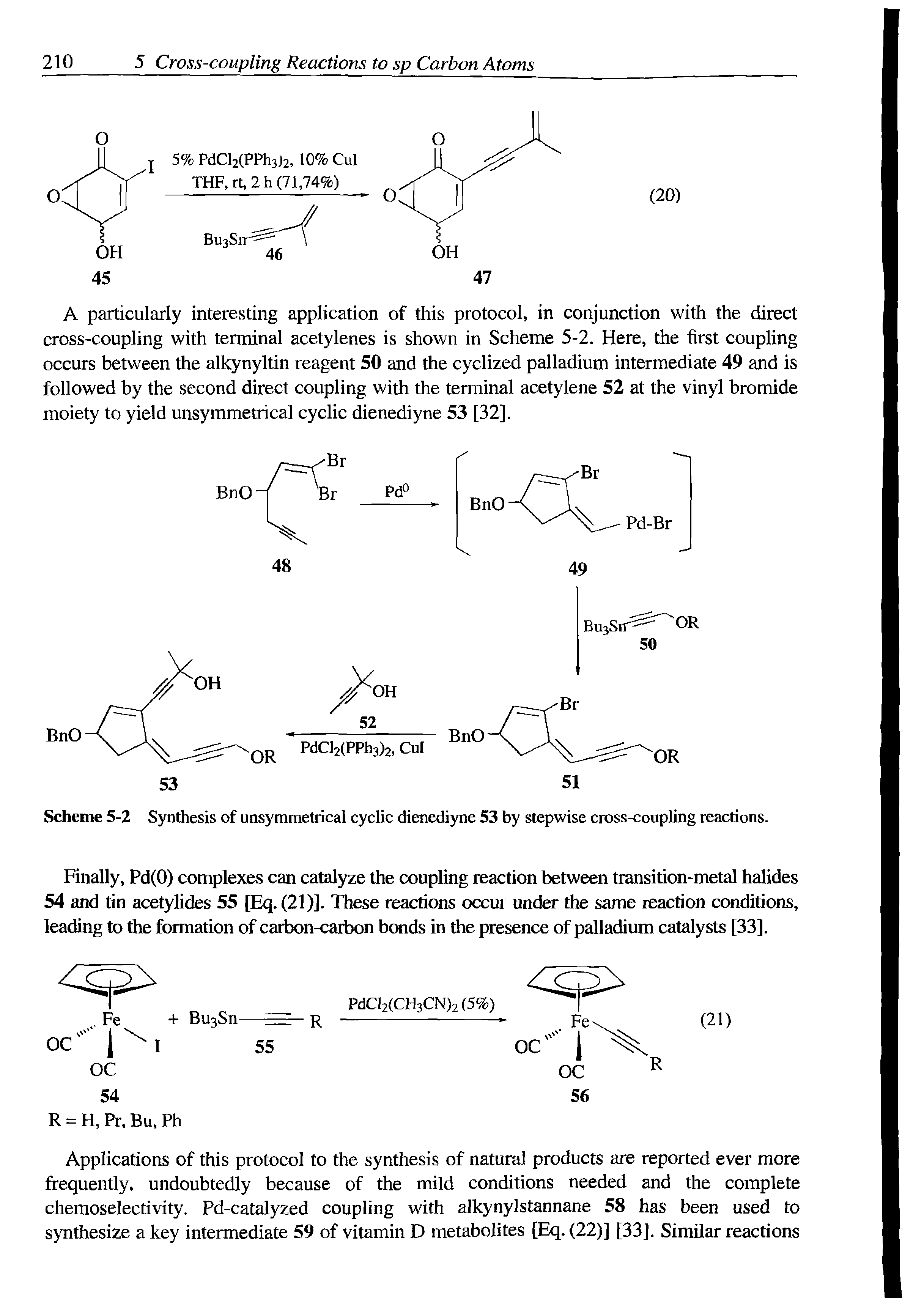 Scheme 5-2 Synthesis of unsymmetrical cyclic dienediyne 53 by stepwise cross-coupling reactions.