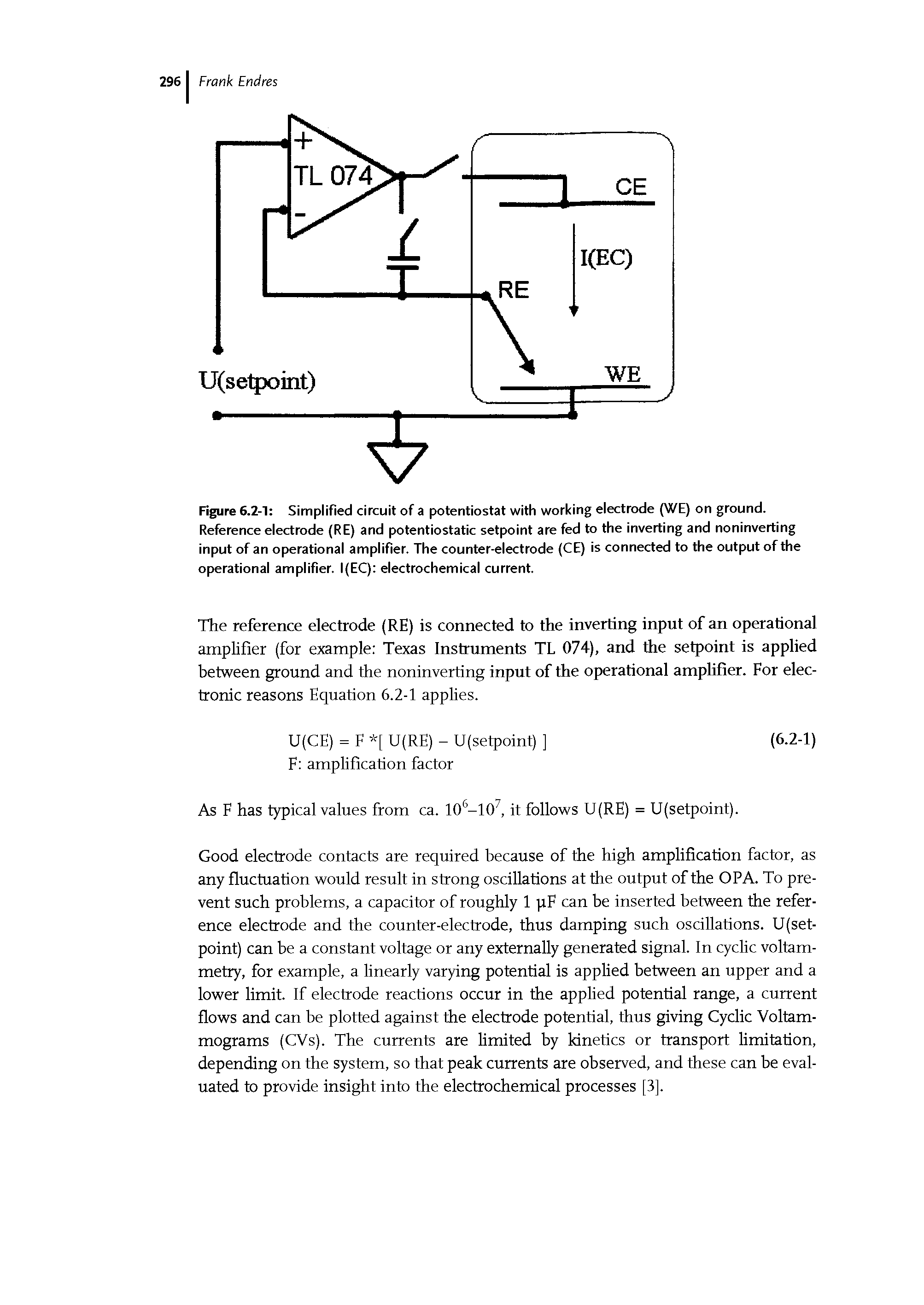 Figure 6.2-1 Simplified circuit of a potentiostat with working electrode (WE) on ground. Reference electrode (RE) and potentiostatic setpoint are fed to the inverting and noninverting input of an operational amplifier. The counter-electrode (CE) is connected to the output of the operational amplifier. I(EC) electrochemical current.