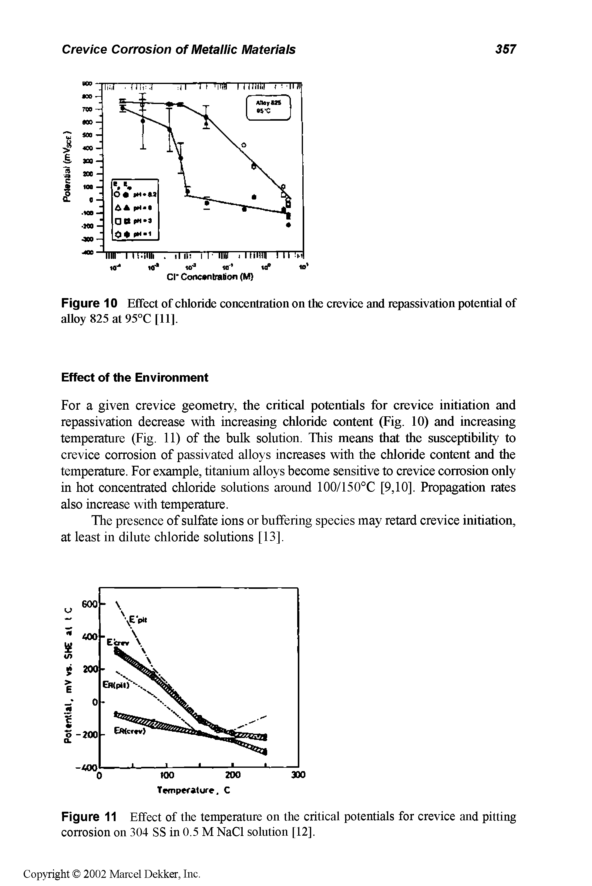 Figure 11 Effect of the temperature on the critical potentials for crevice and pitting corrosion on 304 SS in 0.5 M NaCl solution [12].