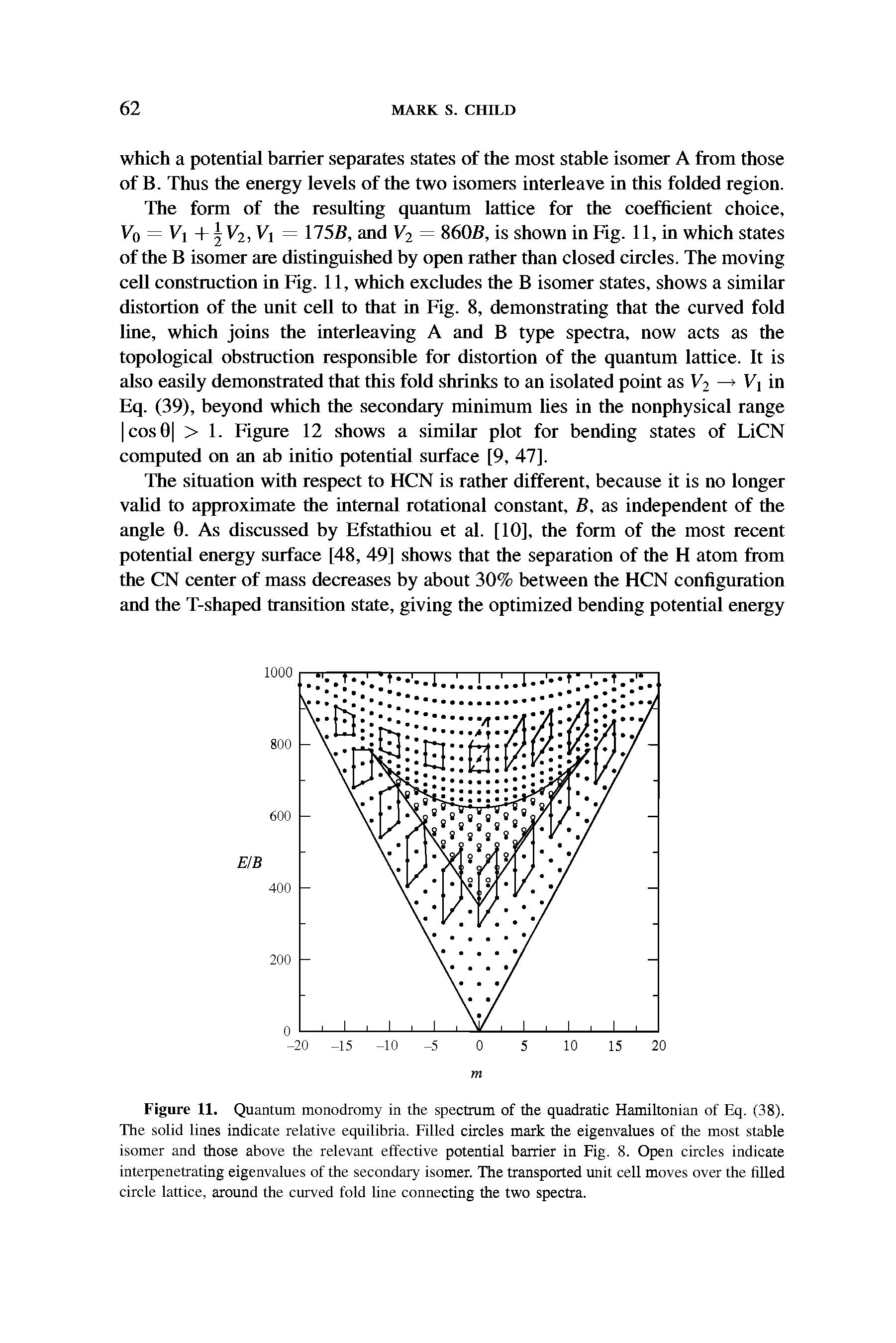 Figure 11. Quantum monodromy in the spectrum of the quadratic Hamiltonian of Eq. (38). The solid lines indicate relative equilibria. Filled circles mark the eigenvalues of the most stable isomer and those above the relevant effective potential barrier in Fig. 8. Open circles indicate interpenetrating eigenvalues of the secondary isomer. The transported unit cell moves over the hlled circle lattice, around the curved fold line connecting the two spectra.