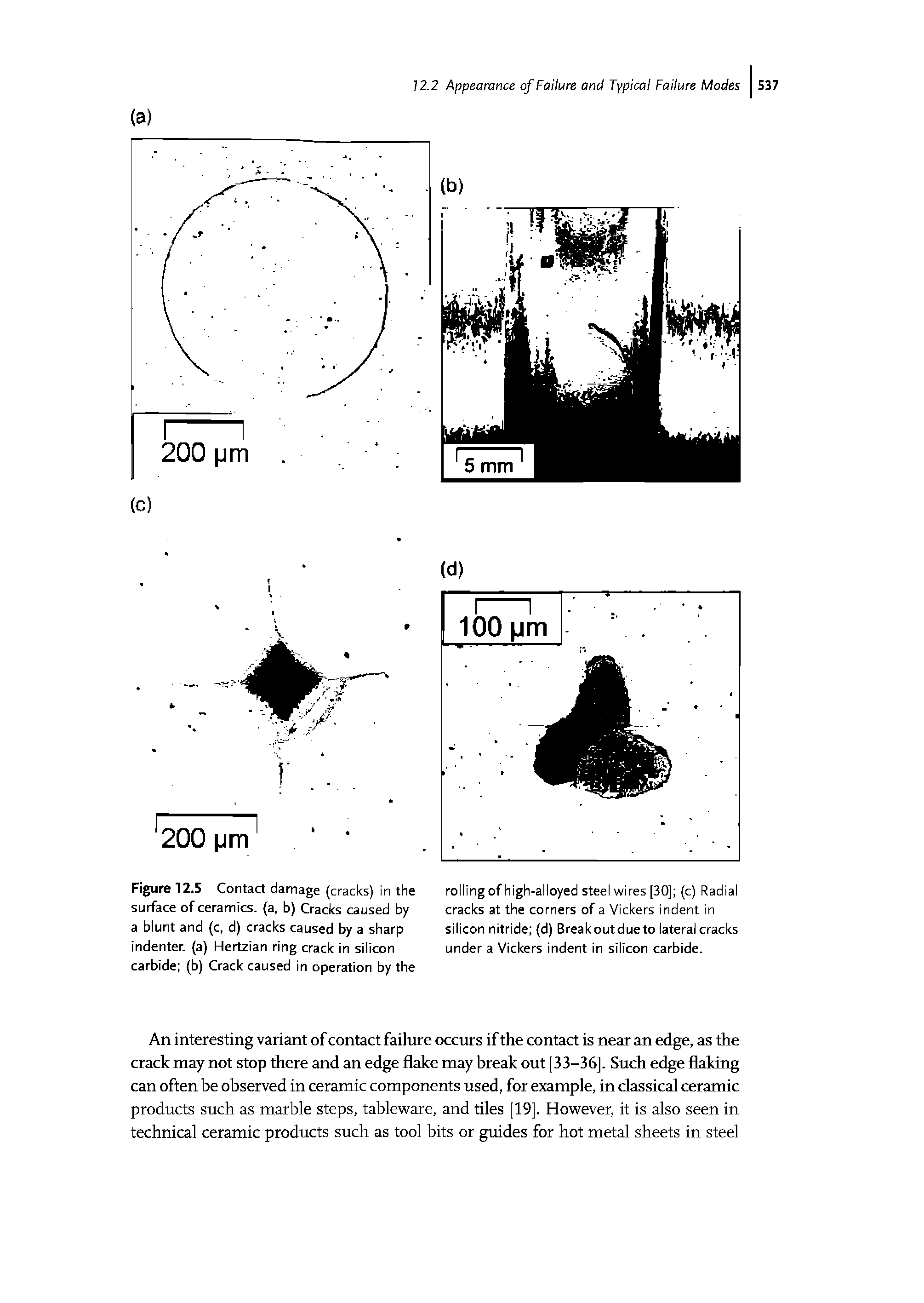 Figure 12.5 Contact damage (cracks) in the surface of ceramics, (a, b) Cracks caused by a blunt and (c, d) cracks caused by a sharp indenter. (a) Hertzian ring crack in silicon carbide (b) Crack caused in operation by the...