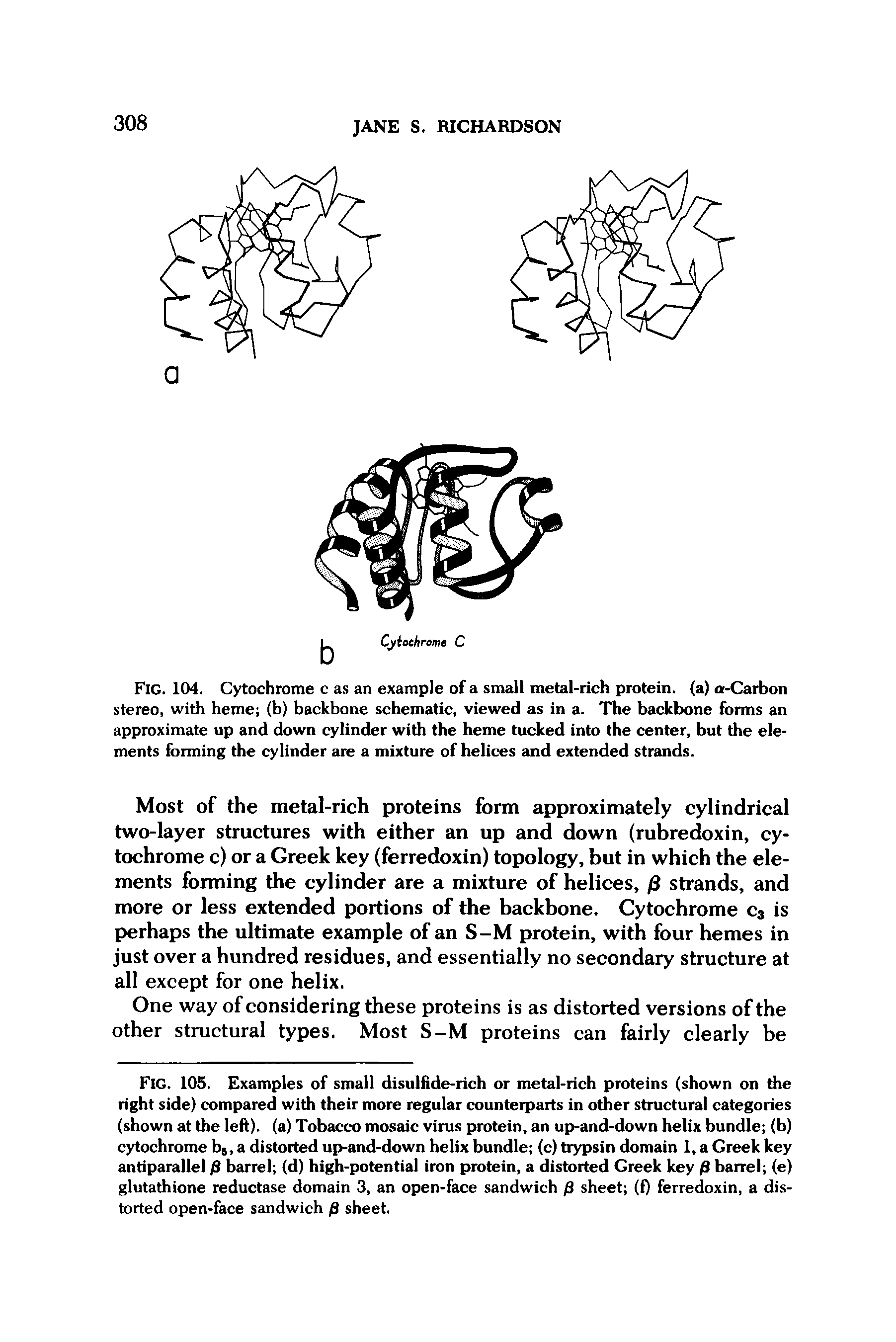 Fig. 105. Examples of small disulfide-rich or metal-rich proteins (shown on the right side) compared with their more regular counterparts in other structural categories (shown at the left), (a) Tobacco mosaic virus protein, an up-and-down helix bundle (b) cytochrome bs, a distorted up-and-down helix bundle (c) trypsin domain 1, a Greek key antiparallel /3 barrel (d) high-potential iron protein, a distorted Greek key /3 barrel (e) glutathione reductase domain 3, an open-face sandwich fi sheet (f) ferredoxin, a distorted open-face sandwich f) sheet.