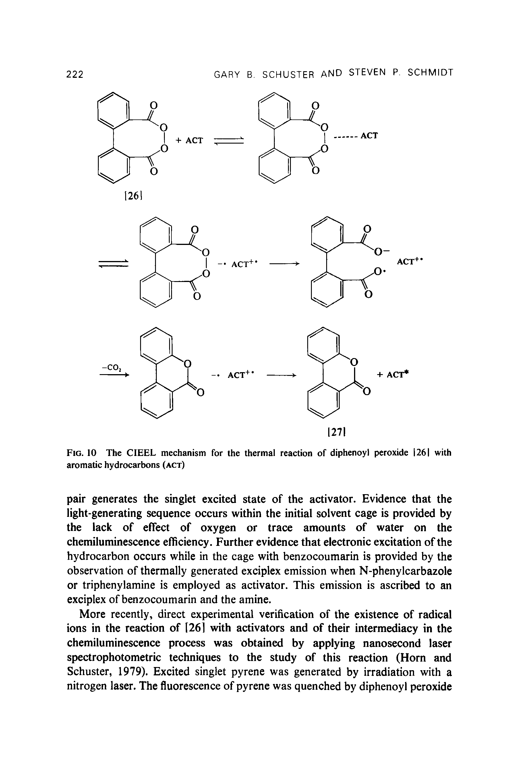 Fig. 10 The CIEEL mechanism for the thermal reaction of diphenoyl peroxide 1261 with aromatic hydrocarbons (act)...