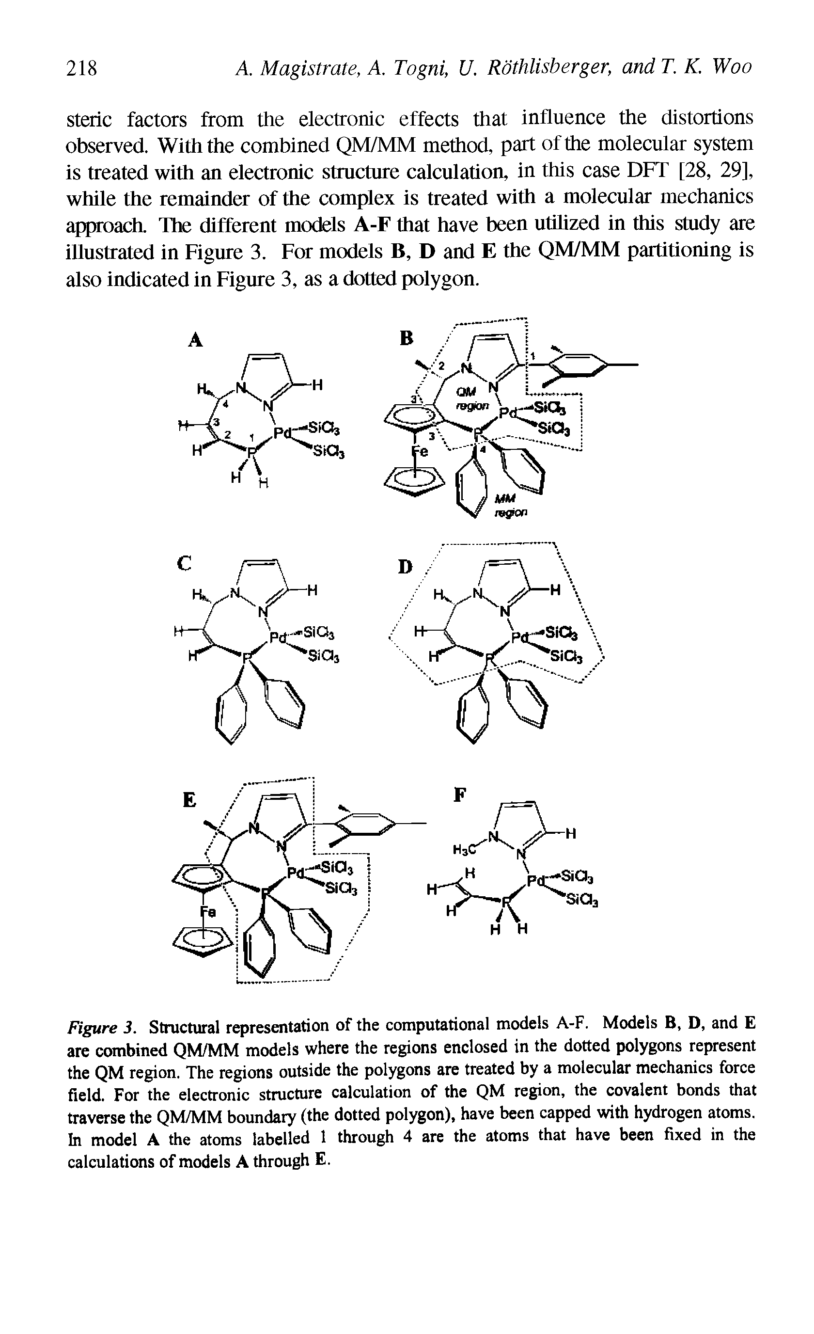 Figure 3. Structural representation of the computational models A-F. Models B, D, and E are combined QM/MM models where the regions enclosed in the dotted polygons represent the QM region. The regions outside the polygons are treated by a molecular mechanics force field. For the electronic structure calculation of the QM region, the covalent bonds that traverse the QM/MM boundary (the dotted polygon), have been capped with hydrogen atoms. In model A the atoms labelled 1 through 4 are the atoms that have been fixed in the calculations of models A through E.