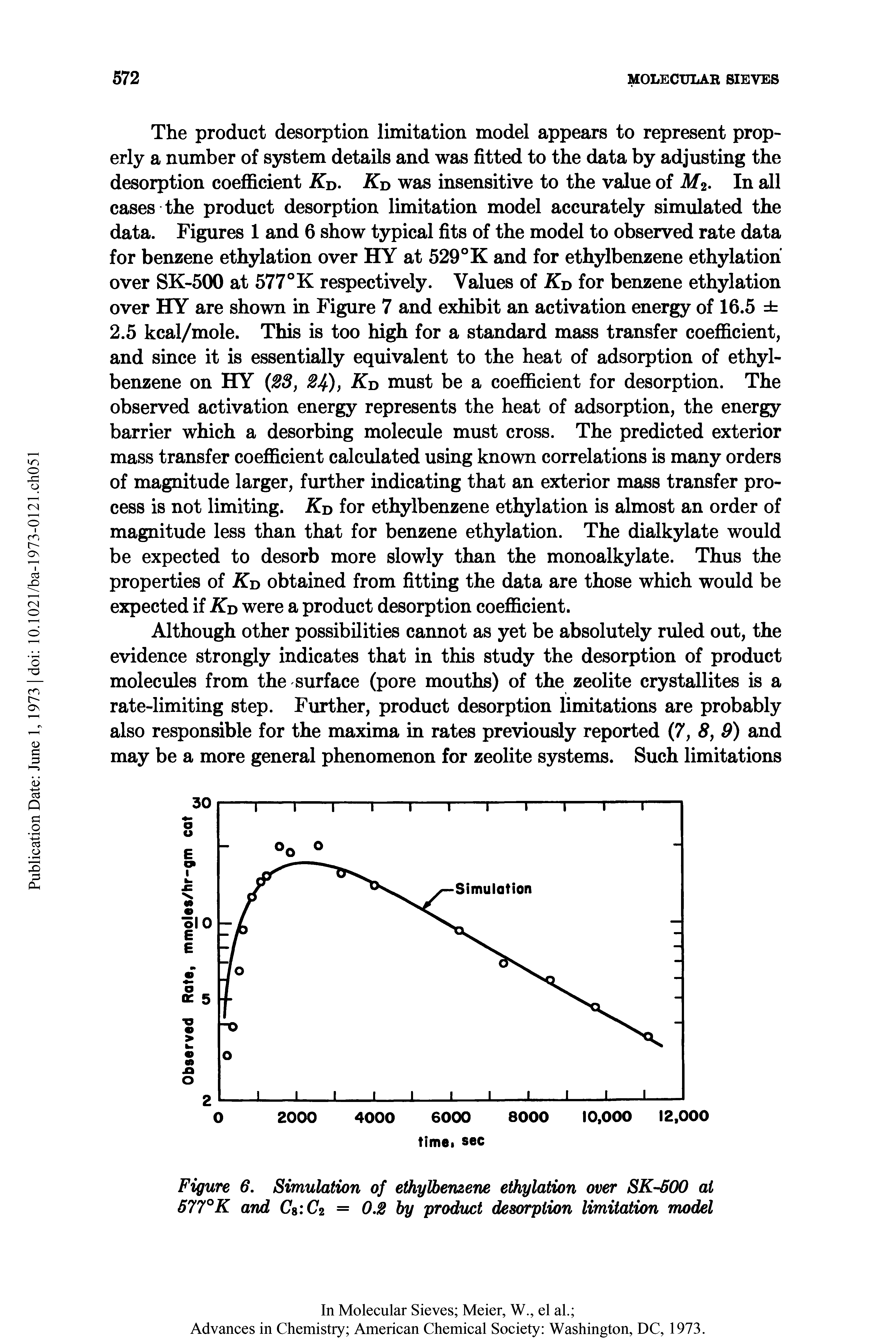 Figure 6. Simulation of ethylbenzene ethylation over SK-600 at 577°K and C8 C2 = 0.2 by product desorption limitation model...