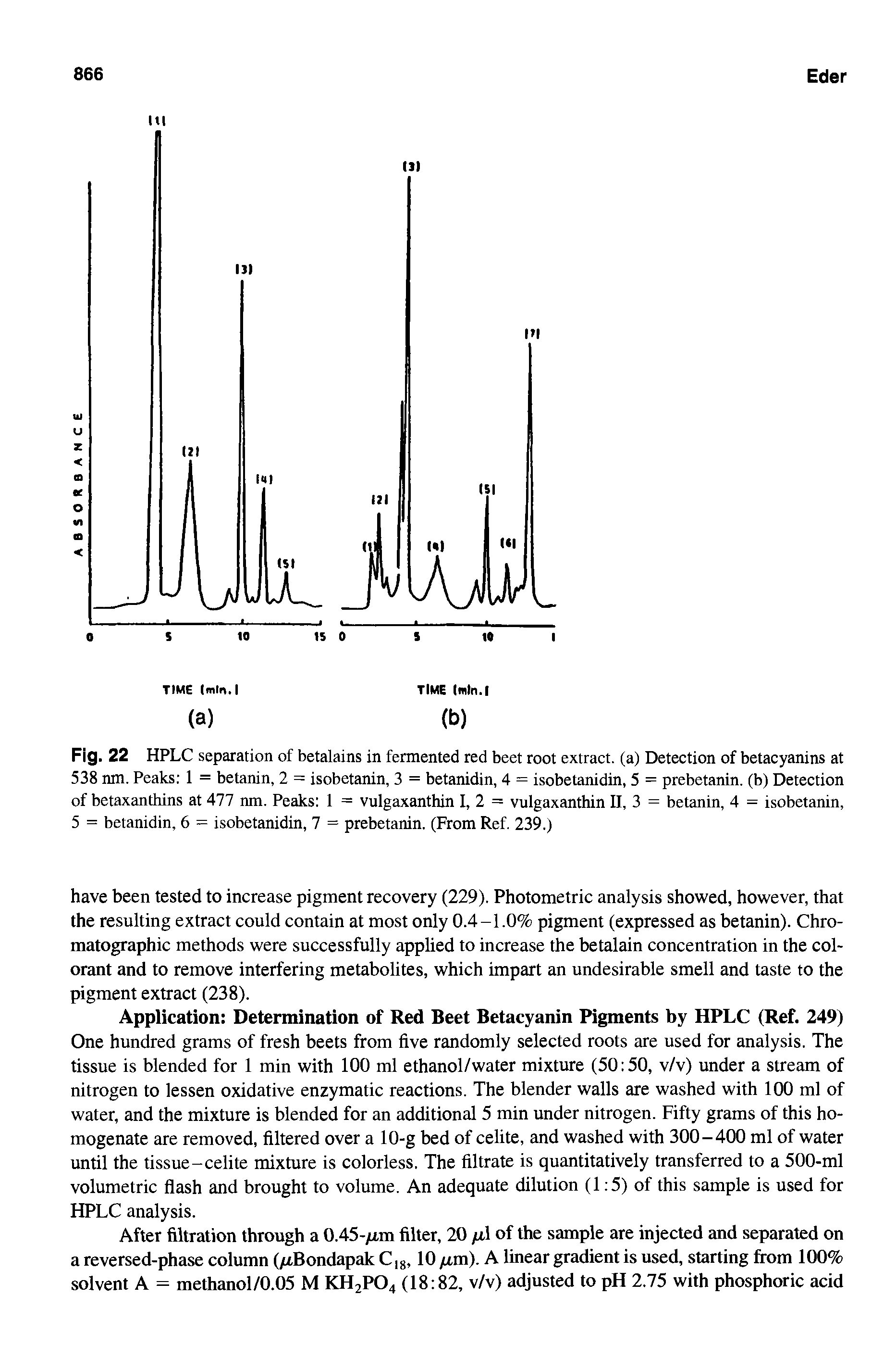 Fig. 22 HPLC separation of betalains in fermented red beet root extract, (a) Detection of betacyanins at 538 nm. Peaks 1 = betanin, 2 = isobetanin, 3 = betanidin, 4 = isobetanidin, 5 = prebetanin. (b) Detection of betaxanthins at 477 nm. Peaks 1 = vulgaxanthin I, 2 = vulgaxanthin II, 3 = betanin, 4 = isobetanin, 5 = betanidin, 6 = isobetanidin, 7 = prebetanin. (From Ref. 239.)...