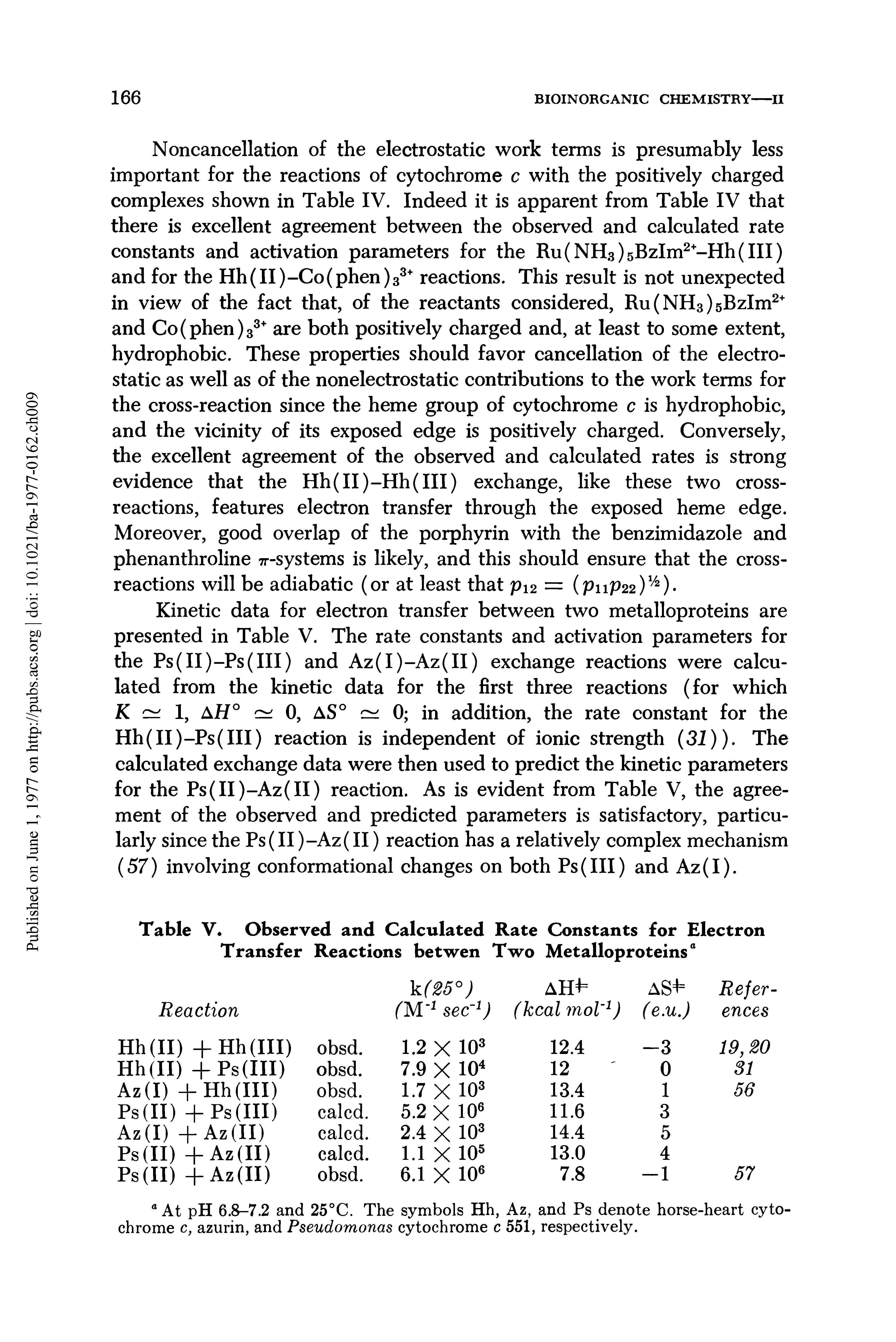 Table V. Observed and Calculated Rate Constants for Electron Transfer Reactions betwen Two Metalloproteins0...