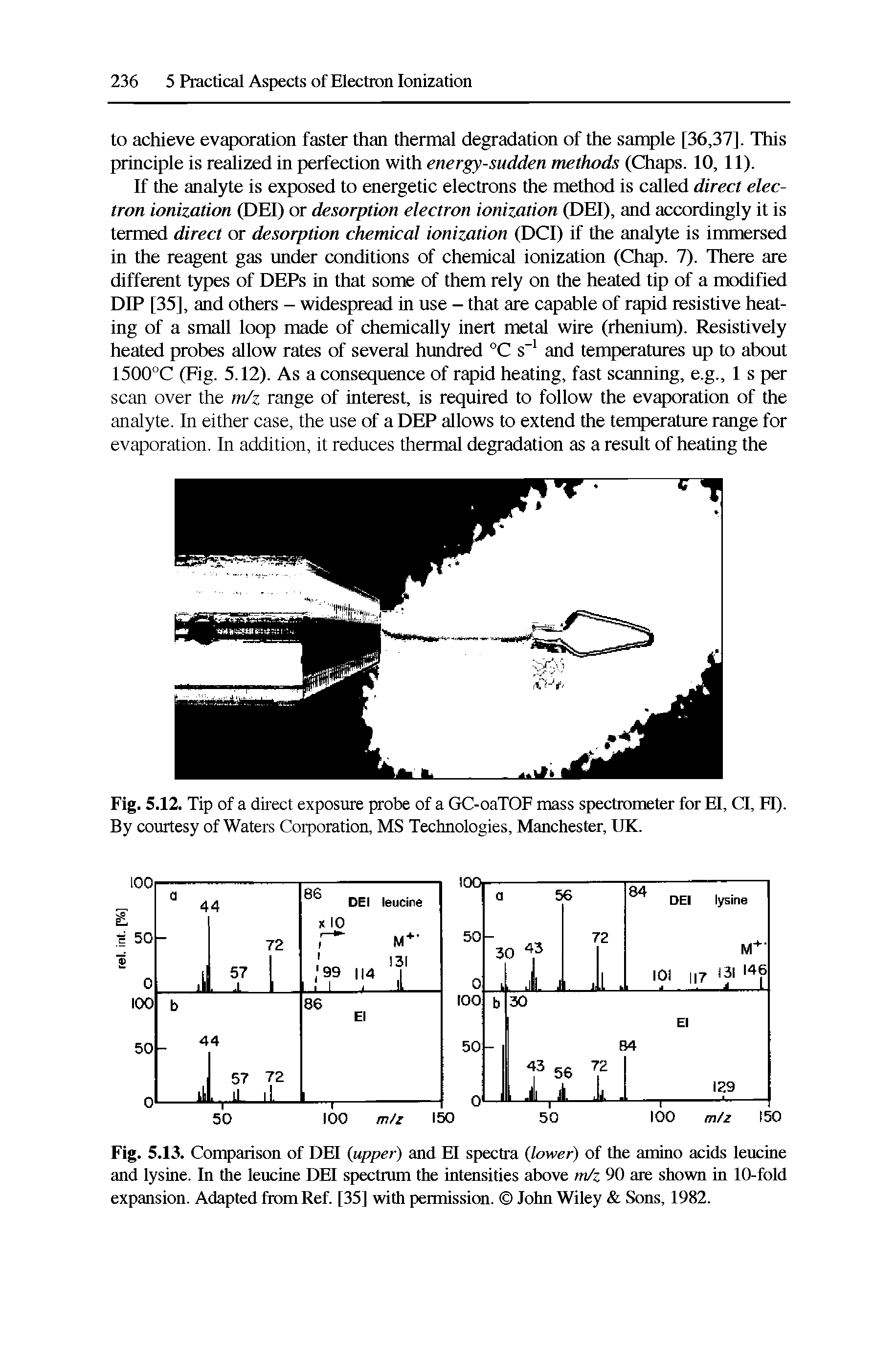 Fig. 5.13. Comparison of DEI (upper) and El spectra (lower) of the amino acids leucine and lysine. In the leucine DEI spectrum the intensities above m/z 90 are shown in 10-fold expansion. Adapted from Ref. [35] with permission. John Wiley Sons, 1982.