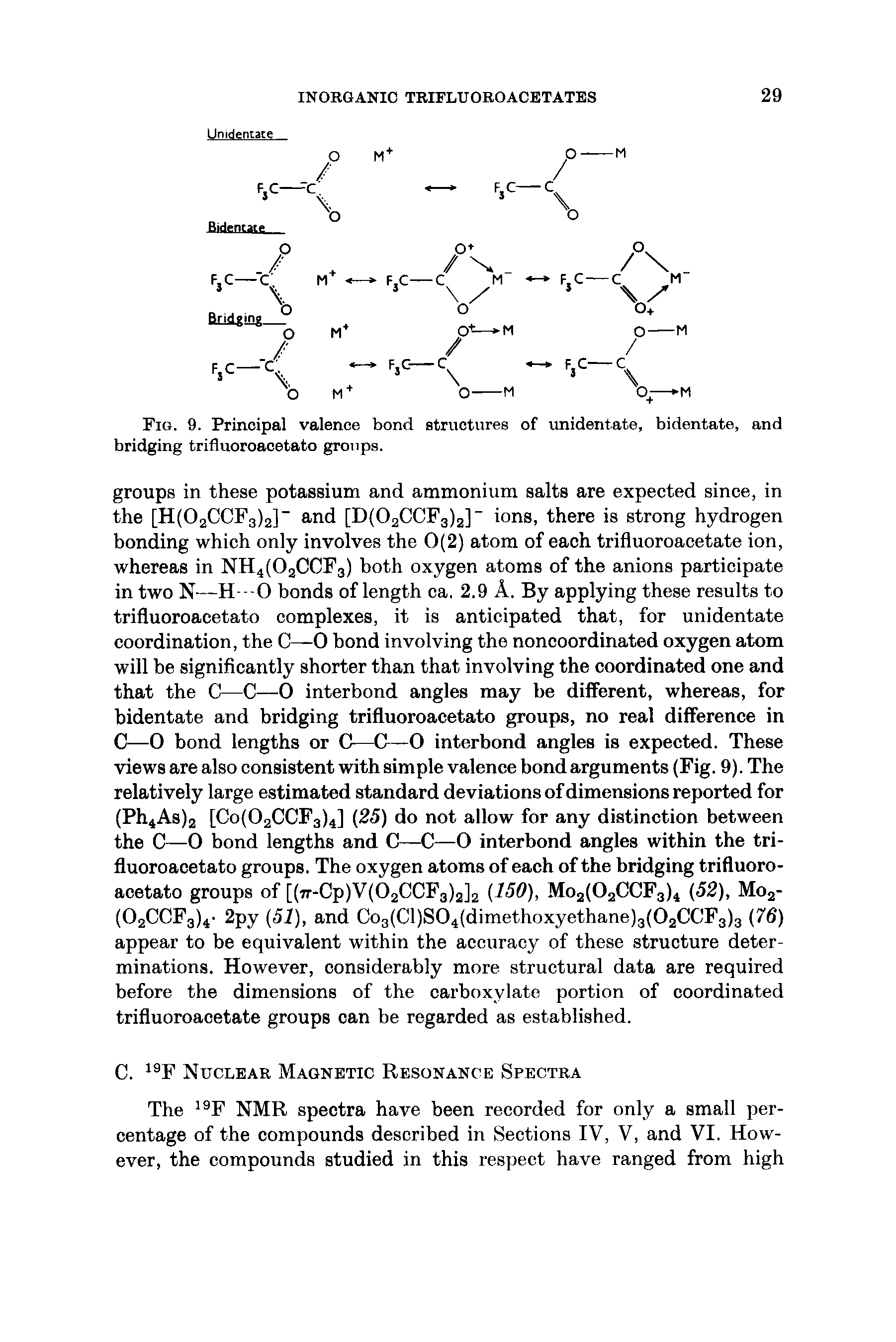 Fig. 9. Principal valence bond structures of unidentate, bidentate, and bridging trifluoroacetato groups.
