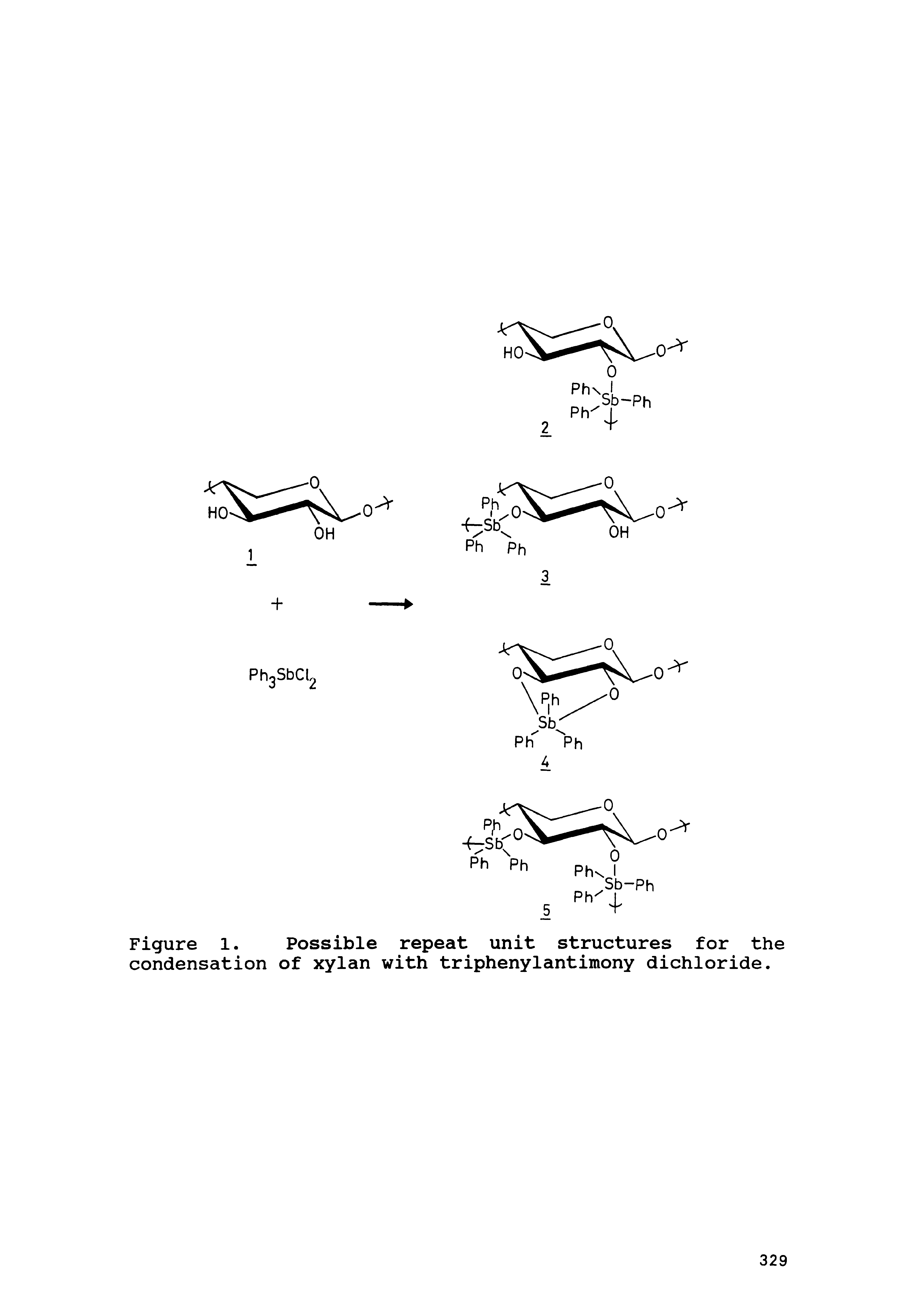 Figure 1. Possible repeat unit structures for the condensation of xylan with triphenylantimony dichloride.