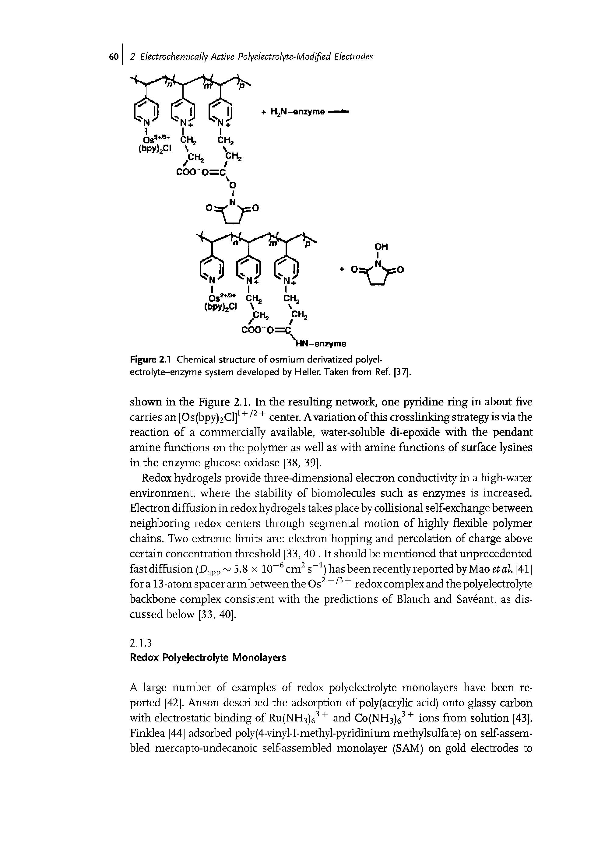 Figure 2.1 Chemical structure of osmium derivatized polyelectrolyte—enzyme system developed by Heller. Taken from Ref. [37].