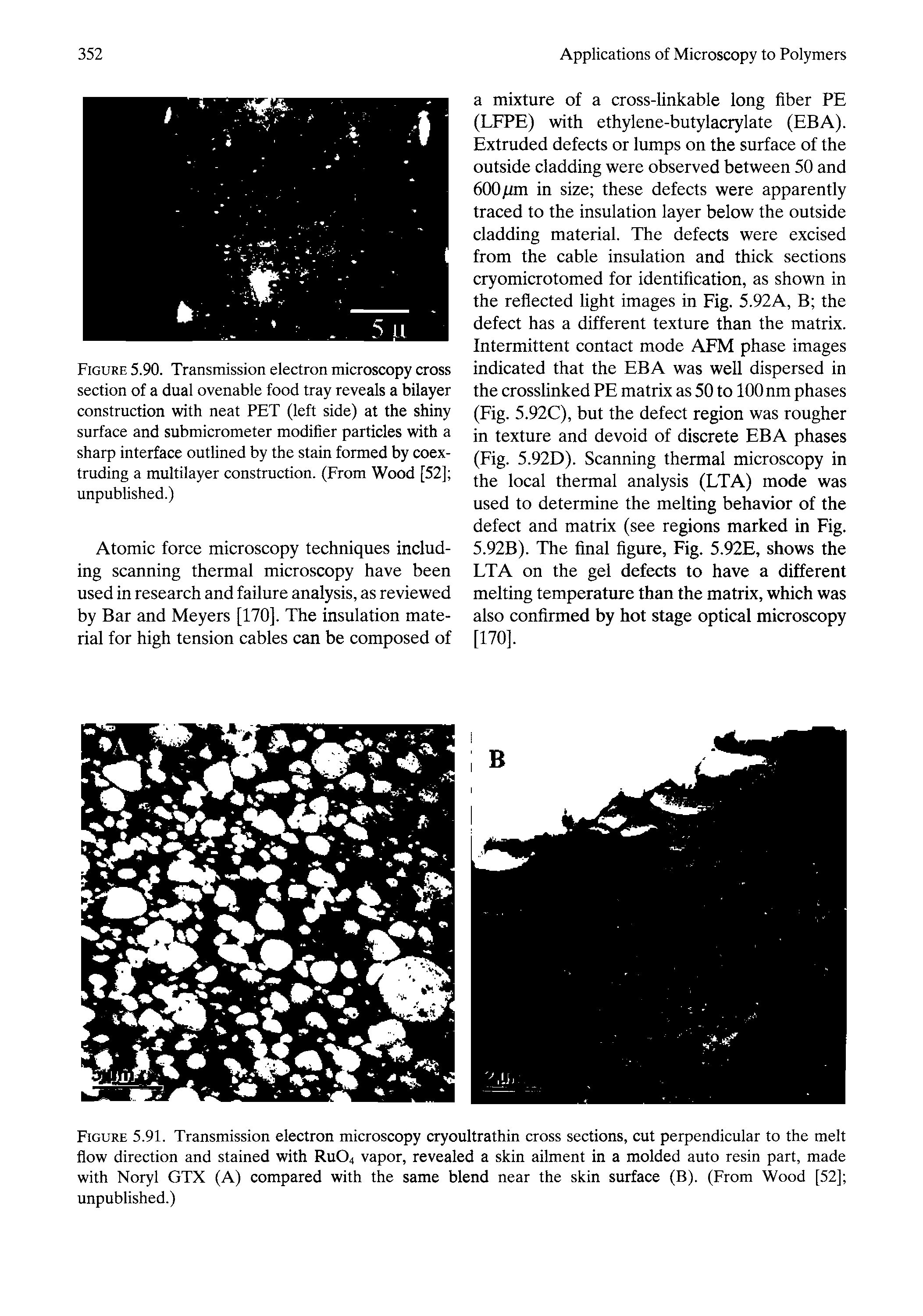 Figure 5.91. Transmission electron microscopy cryoultrathin cross sections, cut perpendicular to the melt flow direction and stained with RUO4 vapor, revealed a skin ailment in a molded auto resin part, made with Noryl GTX (A) compared with the same blend near the skin surface (B). (From Wood [52] unpublished.)...