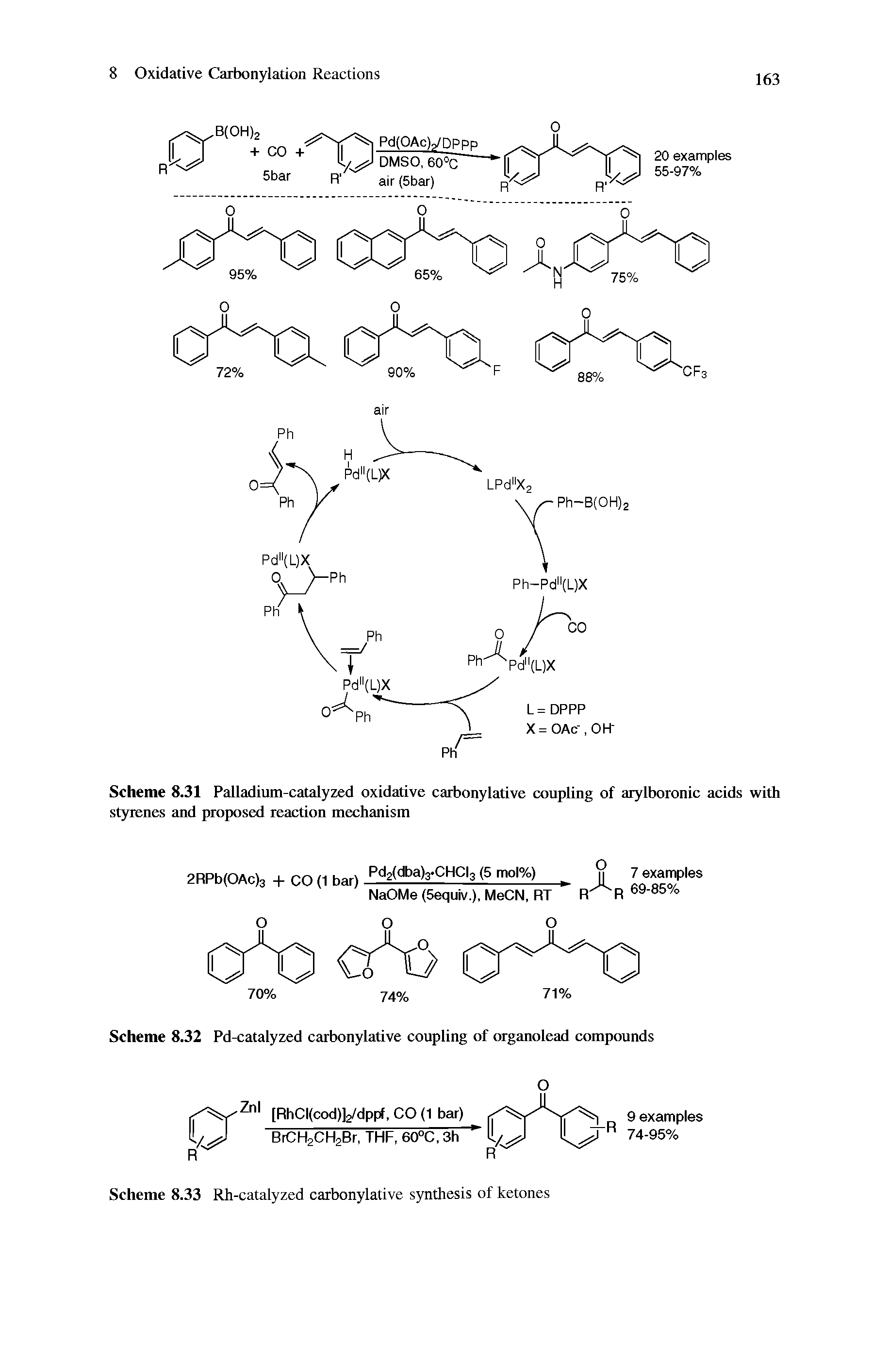 Scheme 8.31 Palladium-catalyzed oxidative carbonylative coupling of arylboronic acids with styrenes and proposed reaction mechanism...